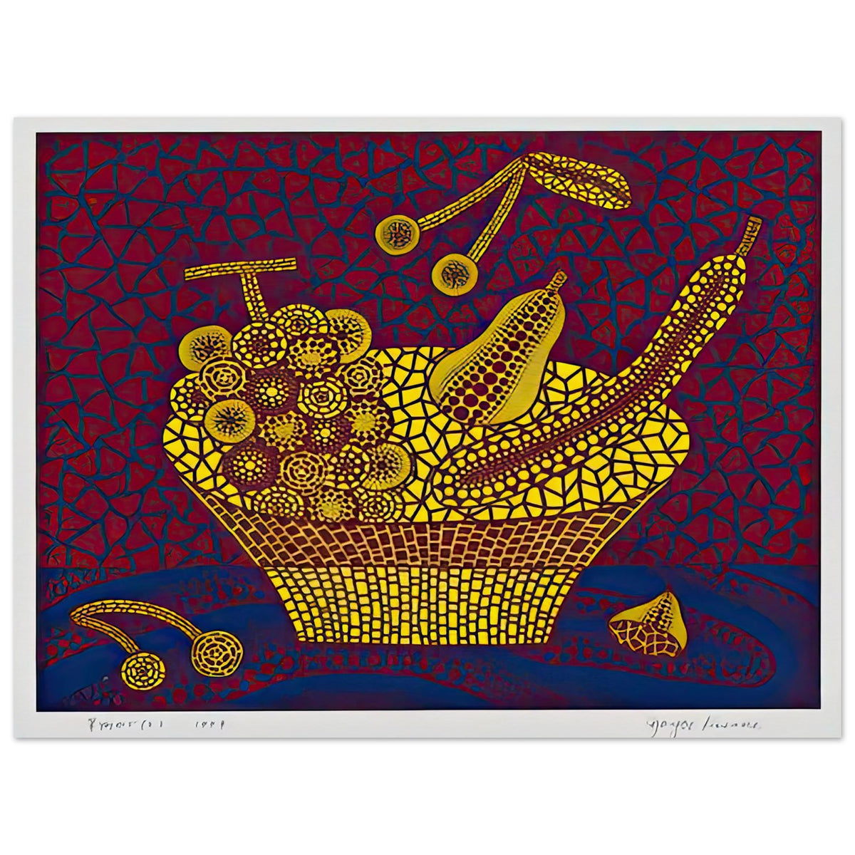 Yayoi Kusama poster — Fruit Basket (2) by Yayoi Kusama explores one of the artist’s recurring subjects: the abundance of ordinary fruit, 45x60 cm / 18x24″
