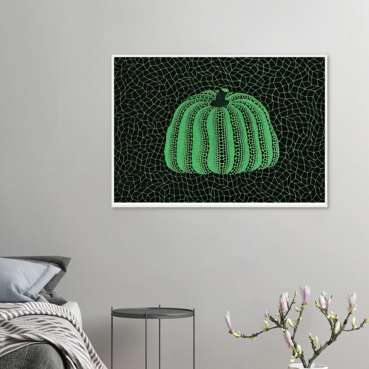 Yayoi Kusama framed print — Pumpkin (Green, Version 2) presents Kusama’s familiar pumpkin through an explicitly green variation