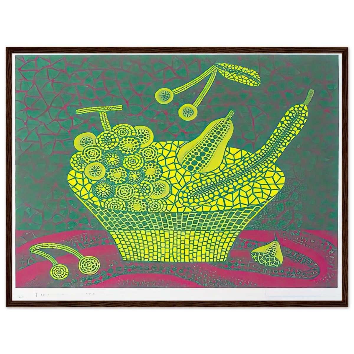 Yayoi Kusama framed print — Fruit Basket (4) by Yayoi Kusama explores one of the artist’s recurring subjects: the abundance of ordinary fruit, dark wood frame, 45x60 cm / 18x24″
