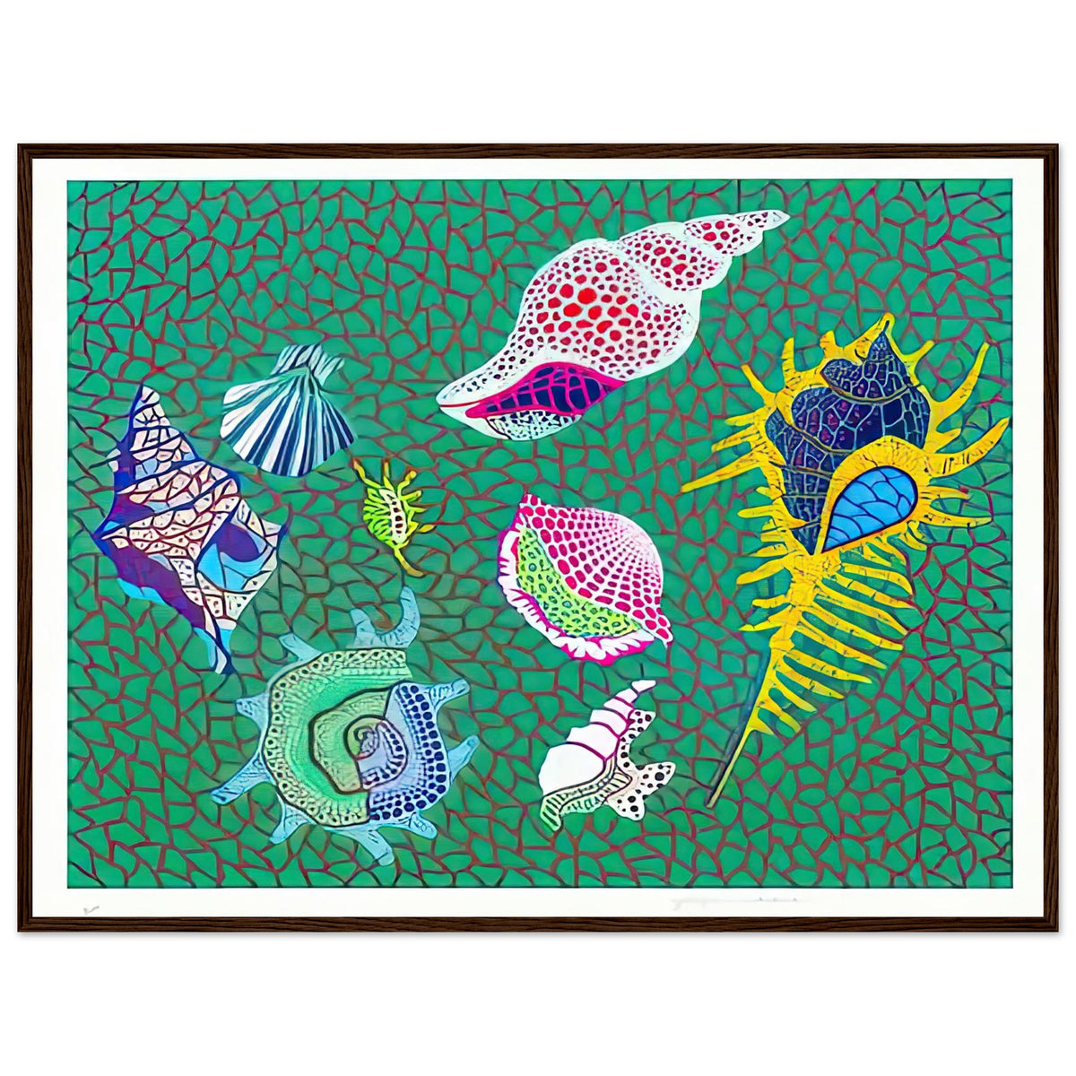 Yayoi Kusama framed print — Shells draws attention to small natural objects whose curved structures and repeating ridges are already pattern-like, dark wood frame, 60x80 cm / 24x32″