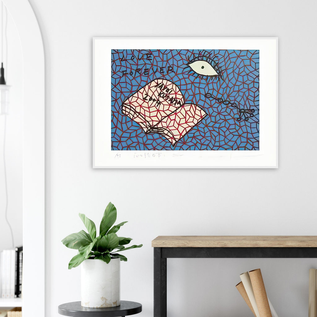 Yayoi Kusama framed print — Book to Read at Night E places an illustrated book at the center of a strange, poetic visual world