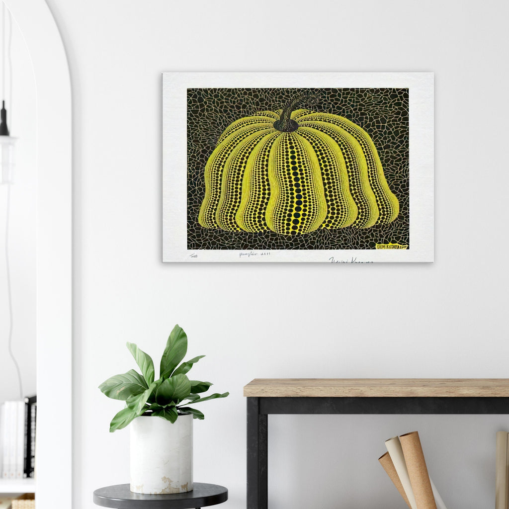 Yayoi Kusama canvas print — Pumpkin 2000 (Yellow) uses a yellow treatment to reinterpret one of Kusama’s most affectionate subjects