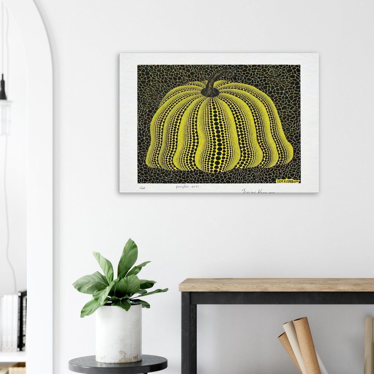 Yayoi Kusama canvas print — Pumpkin 2000 (Yellow) uses a yellow treatment to reinterpret one of Kusama’s most affectionate subjects