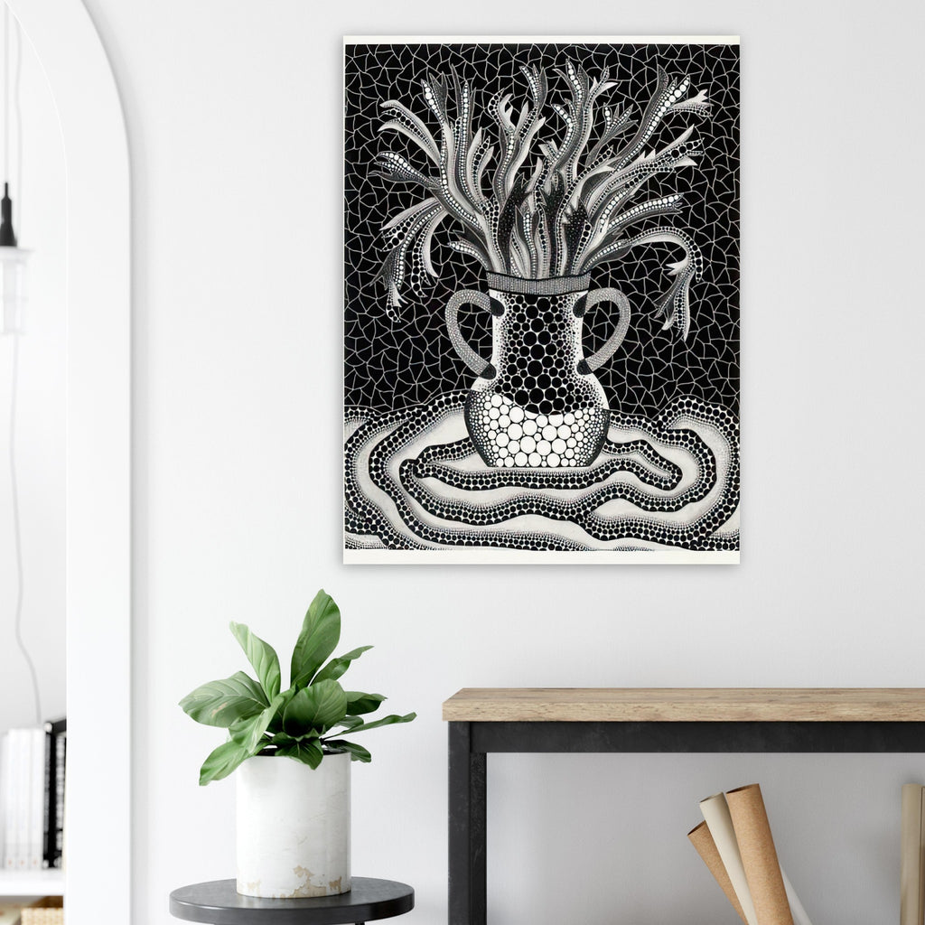 Yayoi Kusama poster — A vase holds an exuberant arrangement of branching, elongated floral forms, while repeated dots animate both the vessel and its surroundings