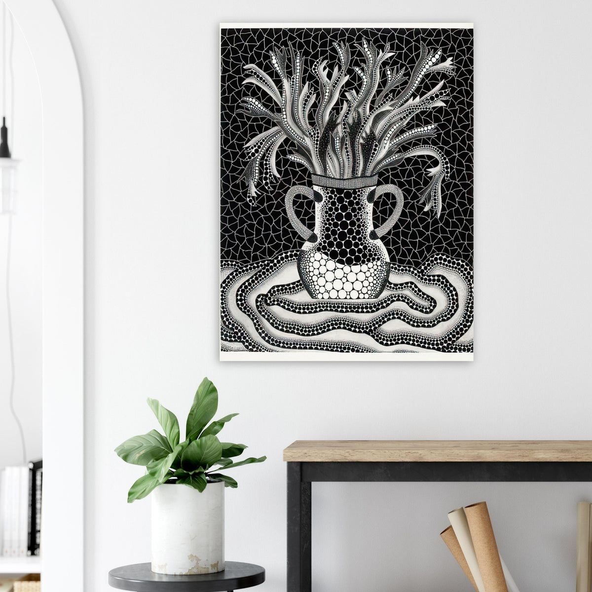Yayoi Kusama poster — A vase holds an exuberant arrangement of branching, elongated floral forms, while repeated dots animate both the vessel and its surroundings
