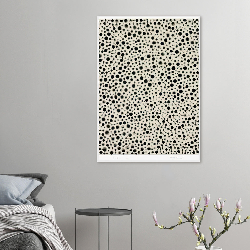 Yayoi Kusama framed print — Tiny black circles, fine linking strands and irregular clusters form an intricate pattern against a pale surface