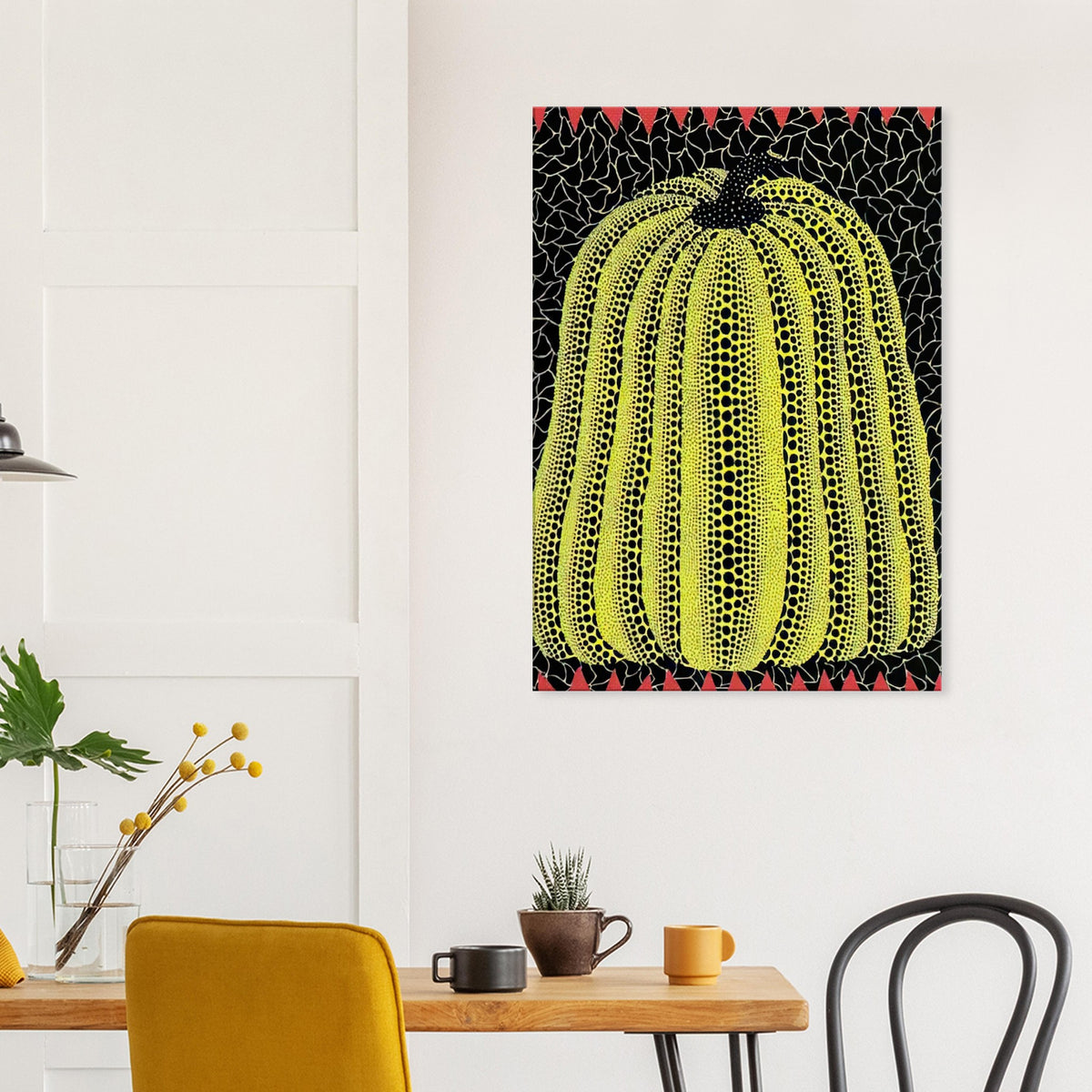 Yayoi Kusama canvas print — In this early-numbered yellow pumpkin listing, the cheerful color suggests the warmth Kusama associates with her favorite gourd