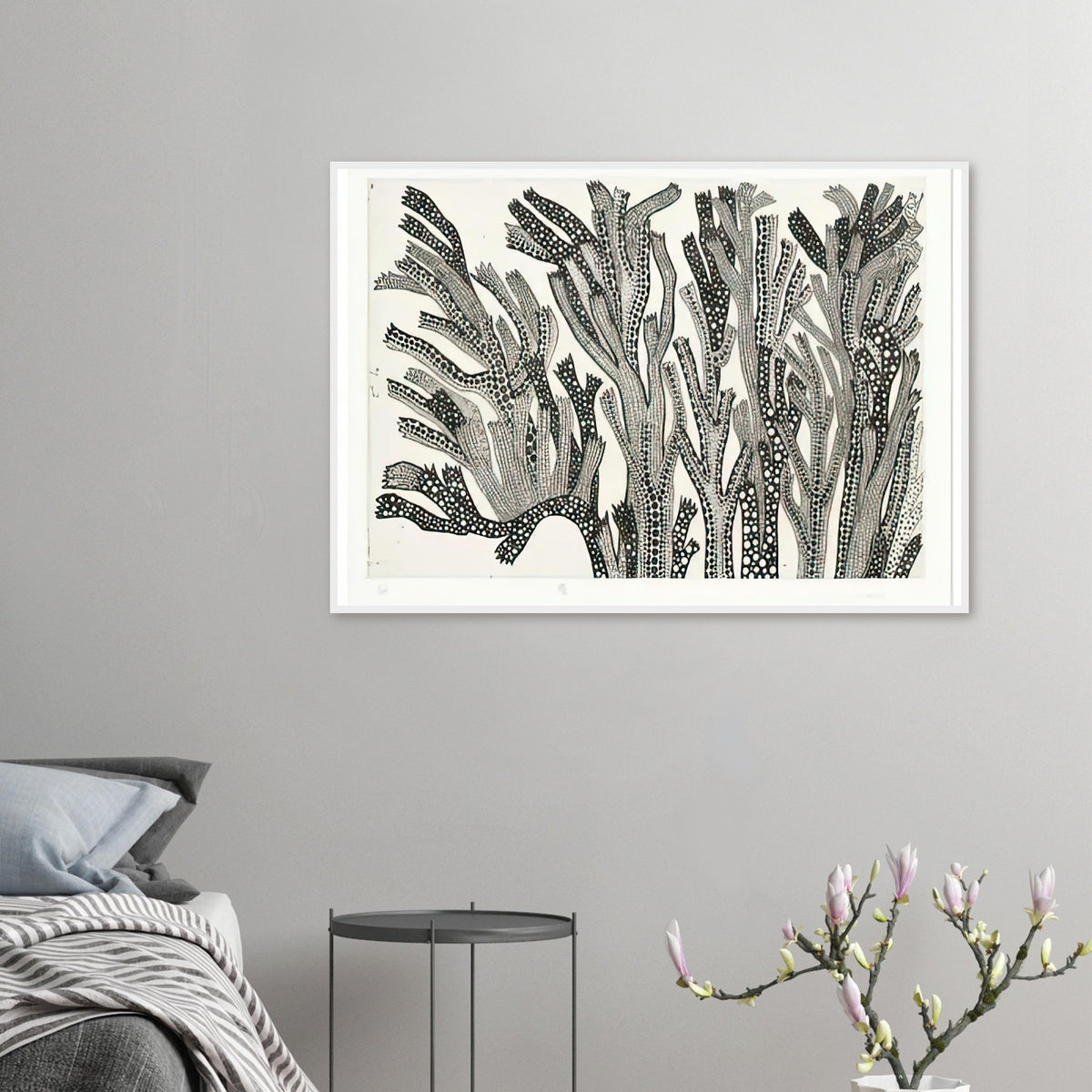 Yayoi Kusama framed print of Spring — spring suggests the renewal of the natural world through a seasonal title rather than a single isolated object