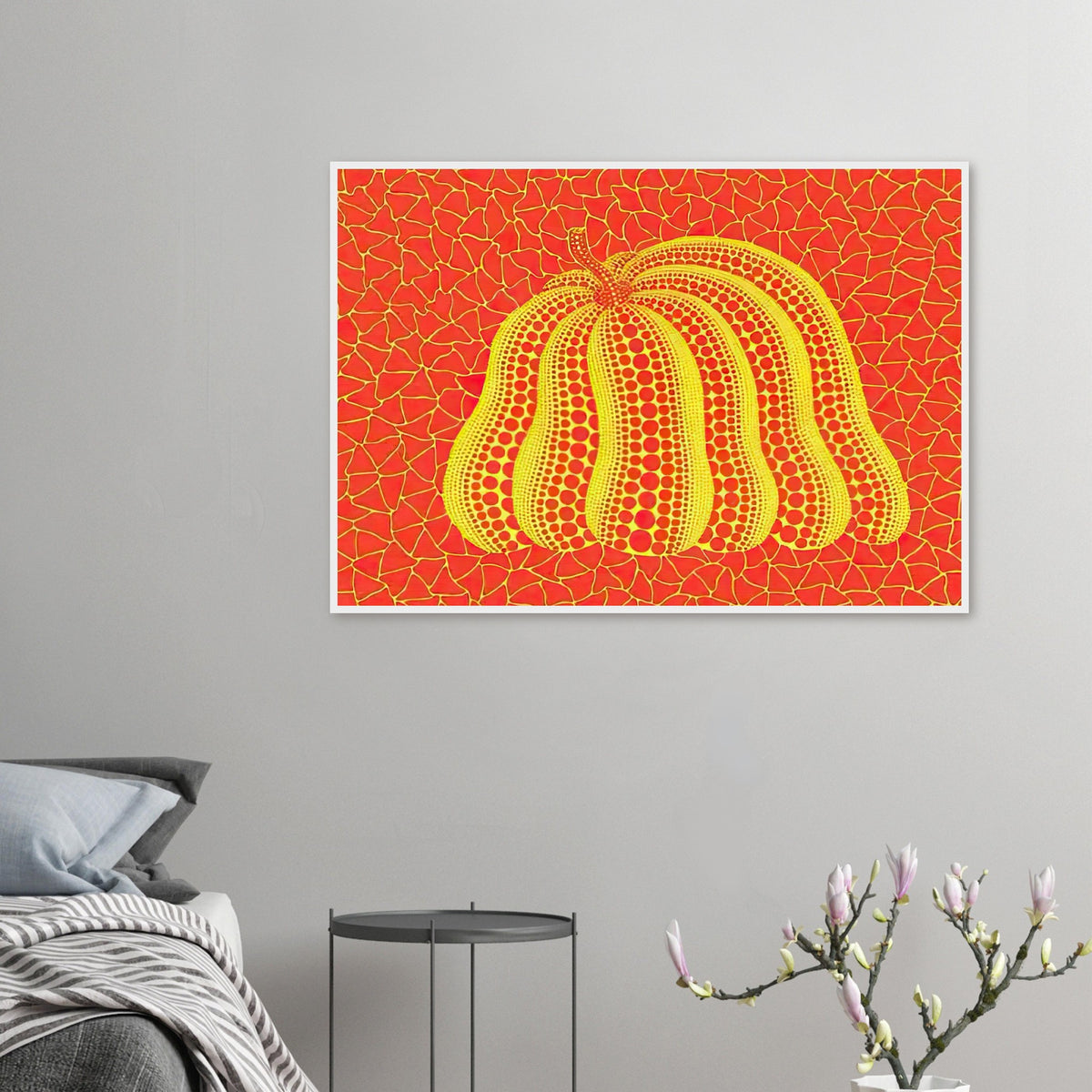 Yayoi Kusama framed print — Pumpkin (YOR-A) [Kusama 326] revisits Kusama’s best-known vegetable through the relationship between its distinctive form and repeating ornament