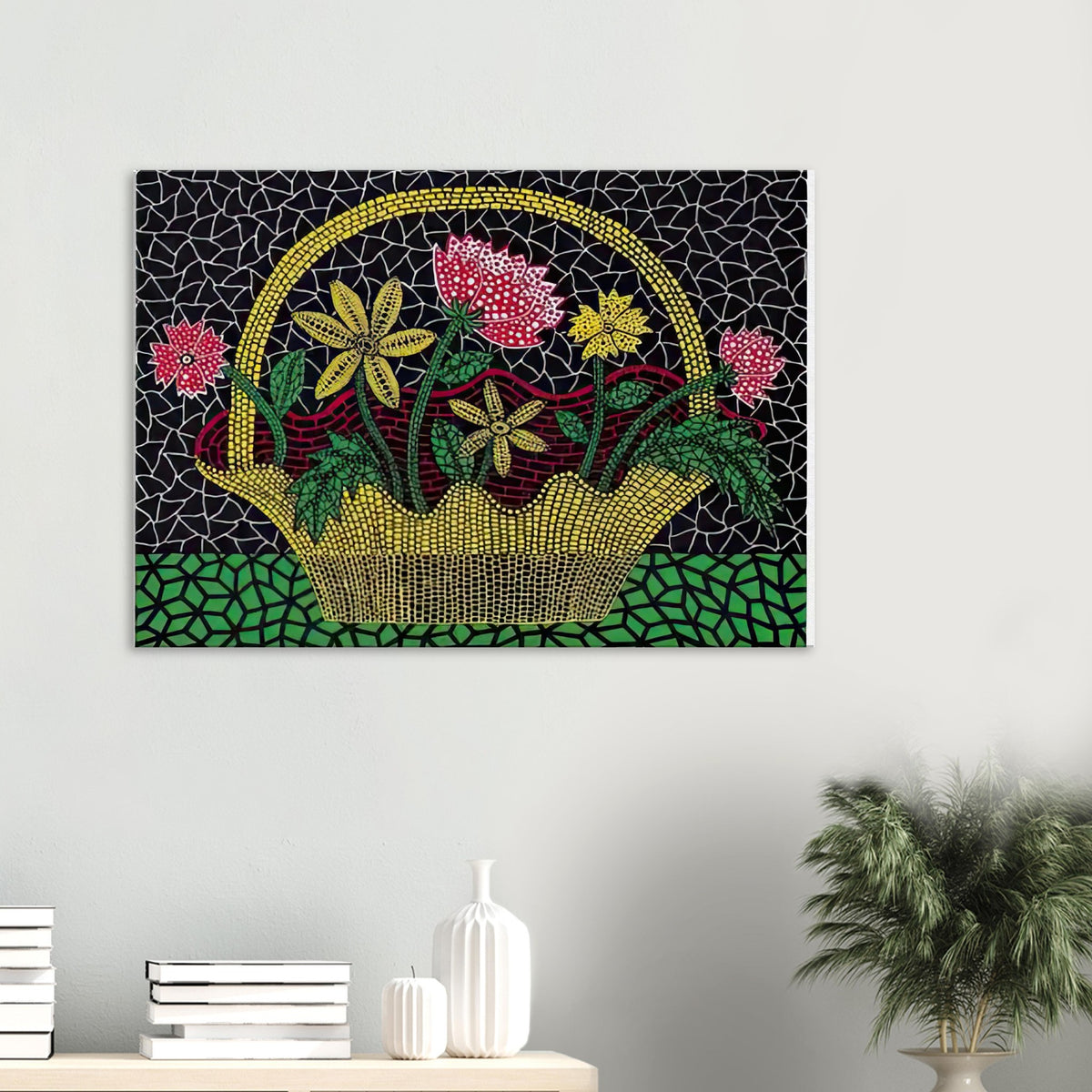 Yayoi Kusama canvas print — Flower Basket brings a traditional still-life arrangement into Kusama’s unmistakably decorative, pattern-driven world