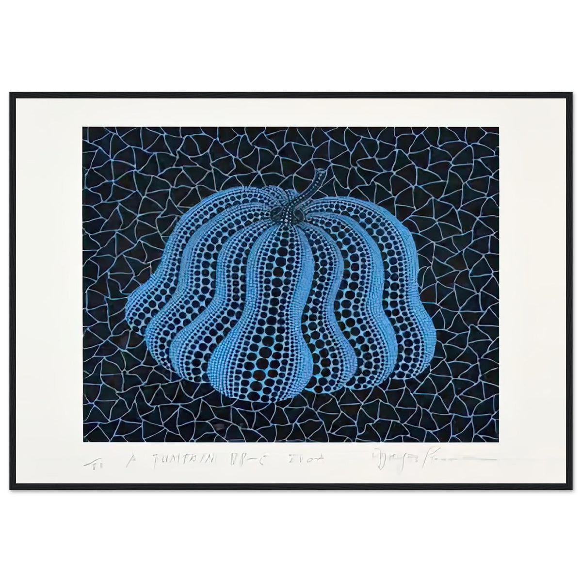 Yayoi Kusama framed print — Pumpkin (BB-C) [Kusama 330] revisits Kusama’s best-known vegetable through the relationship between its distinctive form and repeating ornament, black frame, 70x100 cm / 28x40″