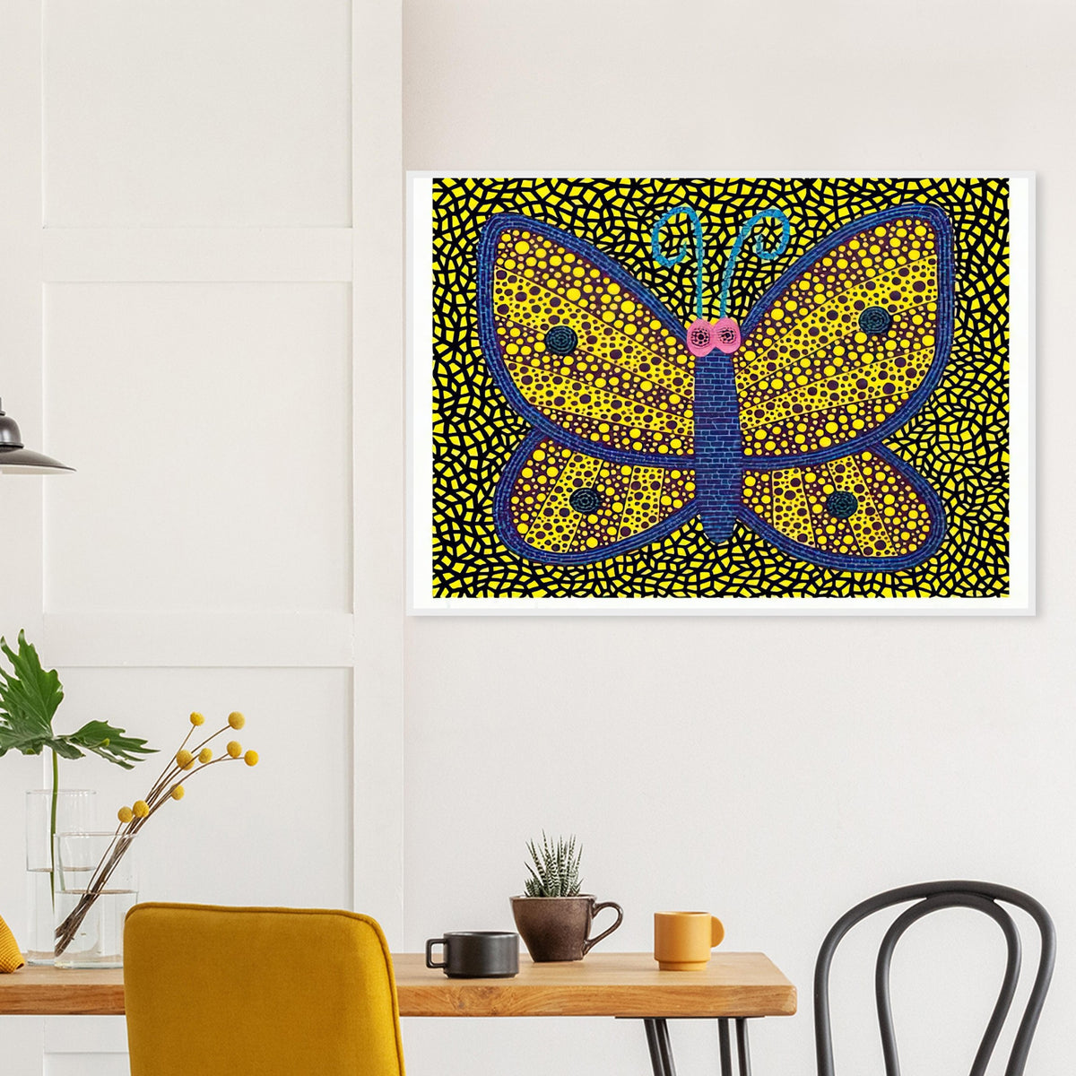 Yayoi Kusama framed print — Papillon I from Amour pour Toujours explores the butterfly as a symbol of delicacy and transformation
