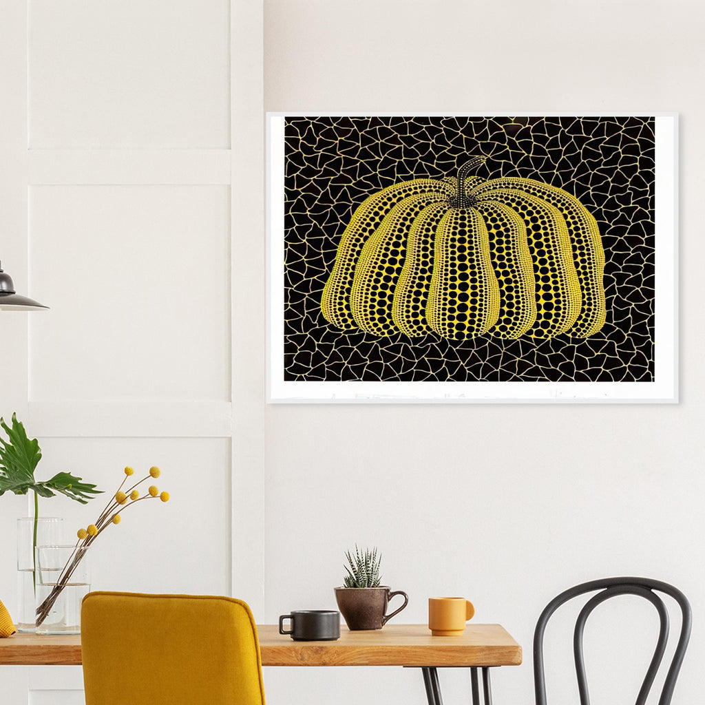 Yayoi Kusama framed print — Pumpkin (YB-B) [Kusama 327] revisits Kusama’s best-known vegetable through the relationship between its distinctive form and repeating ornament