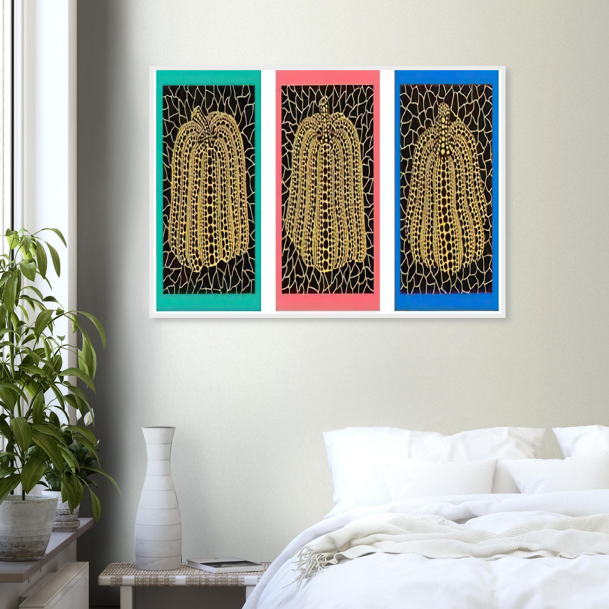 Yayoi Kusama framed print — Pumpkins [Kusama 146] shifts the emphasis from a single gourd to a plural subject