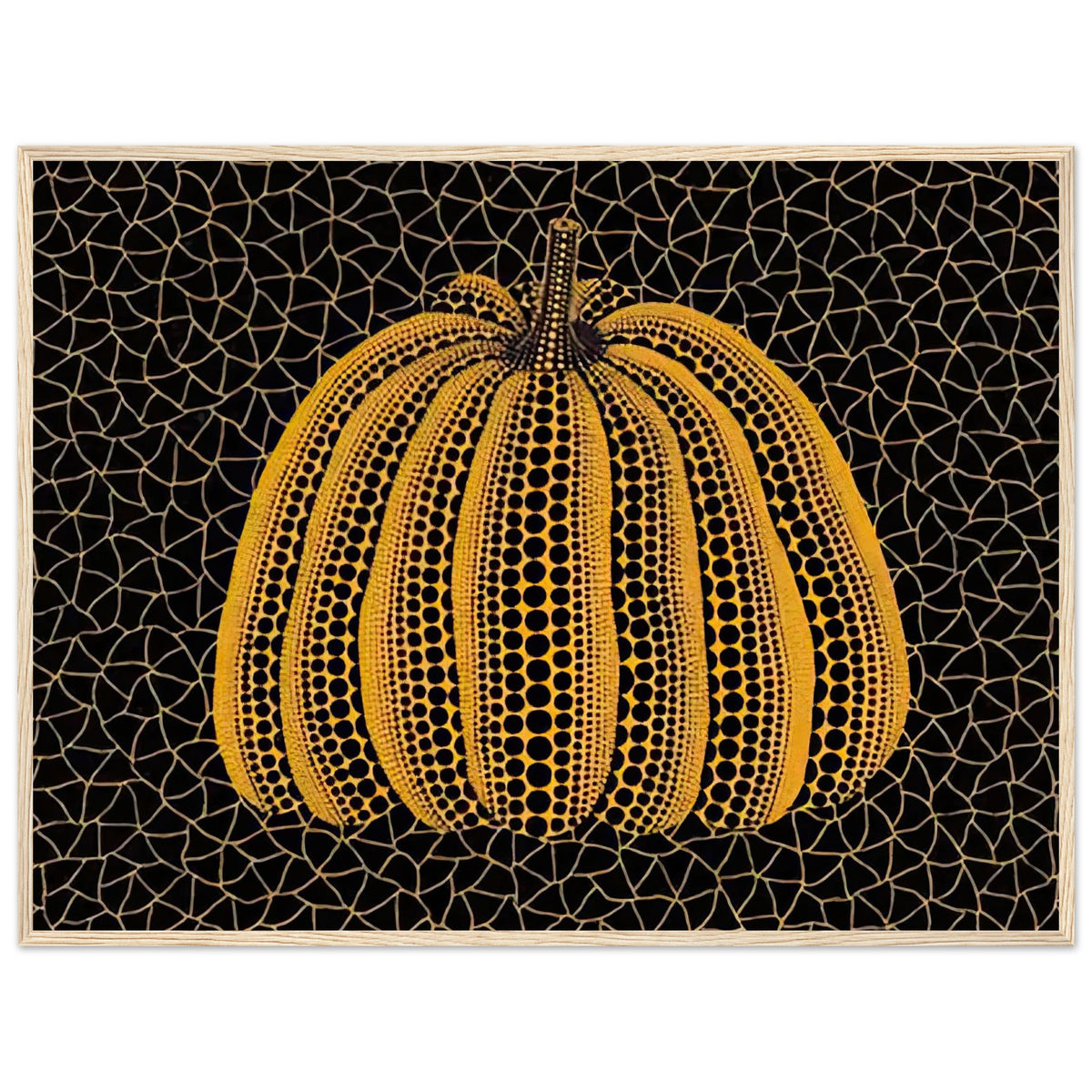 Yayoi Kusama framed print — Pumpkin (YY) [Kusama 231] revisits Kusama’s best-known vegetable through the relationship between its distinctive form and repeating ornament, wood frame, 60x80 cm / 24x32″