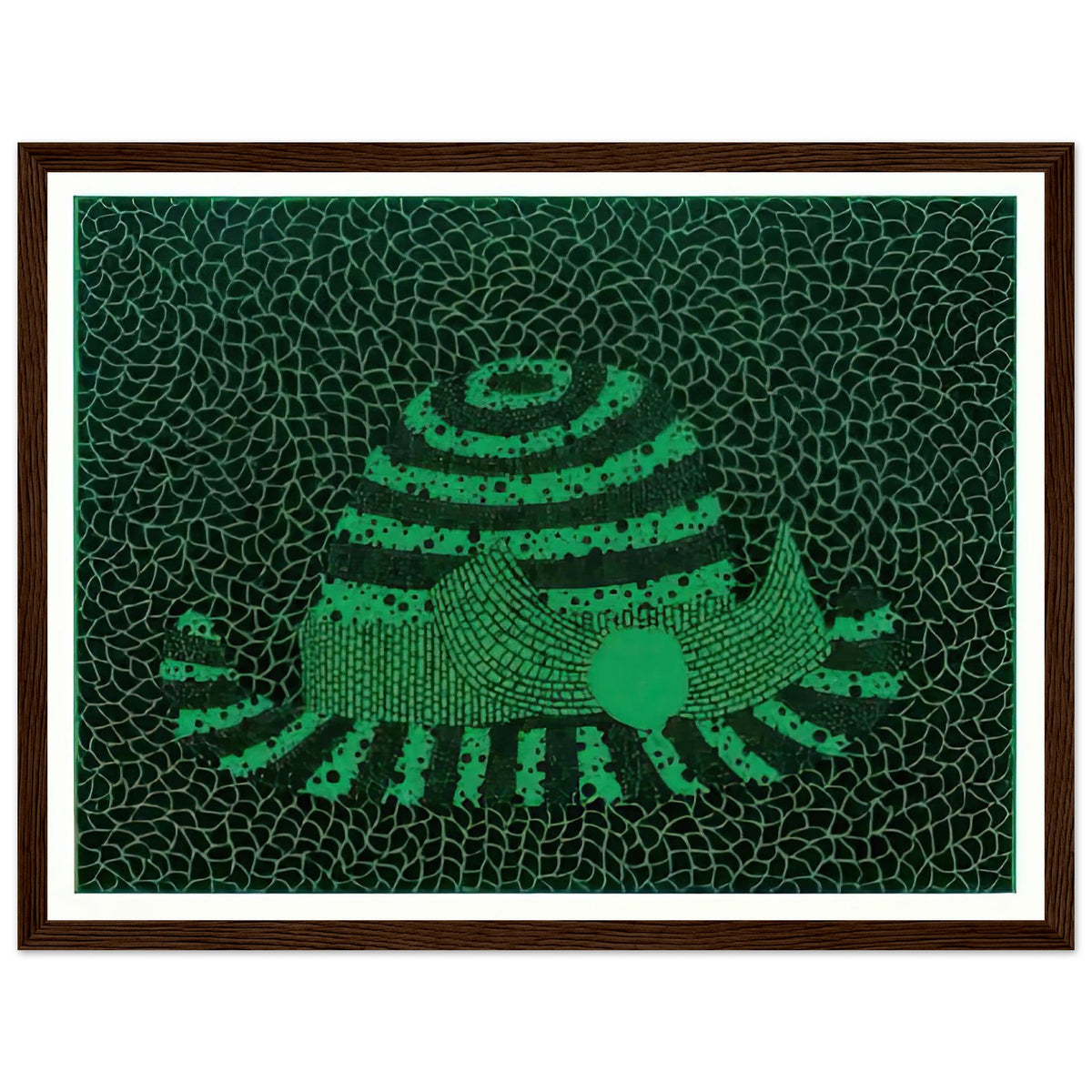 Yayoi Kusama framed print — Hat (Green) presents a familiar accessory as an exercise in changing color and graphic character, dark wood frame, 30x40 cm / 12x16″