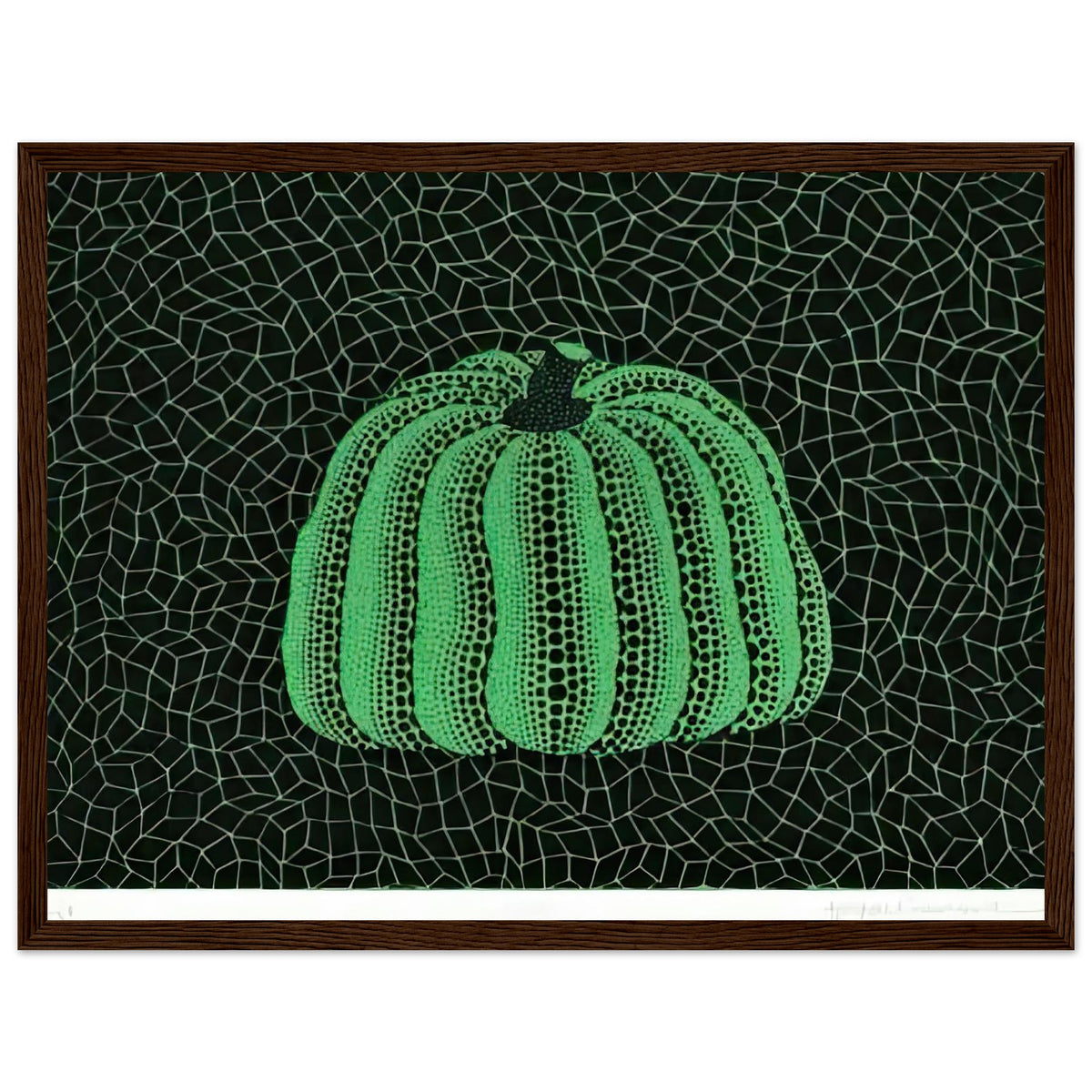 Yayoi Kusama framed print — Pumpkin (Green, Version 2) presents Kusama’s familiar pumpkin through an explicitly green variation, dark wood frame, 30x40 cm / 12x16″