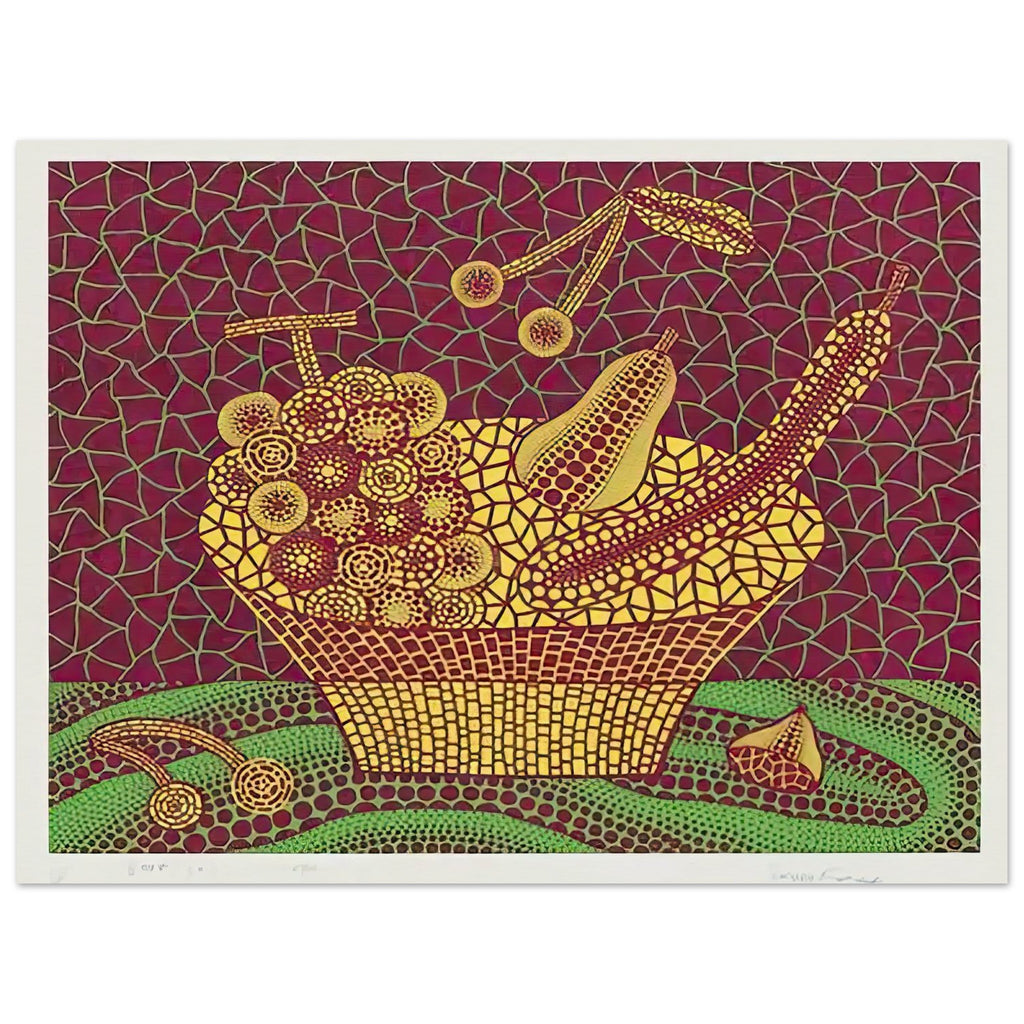 Yayoi Kusama poster — Fruit Basket (3) by Yayoi Kusama explores one of the artist’s recurring subjects: the abundance of ordinary fruit, 15x20 cm / 6x8″