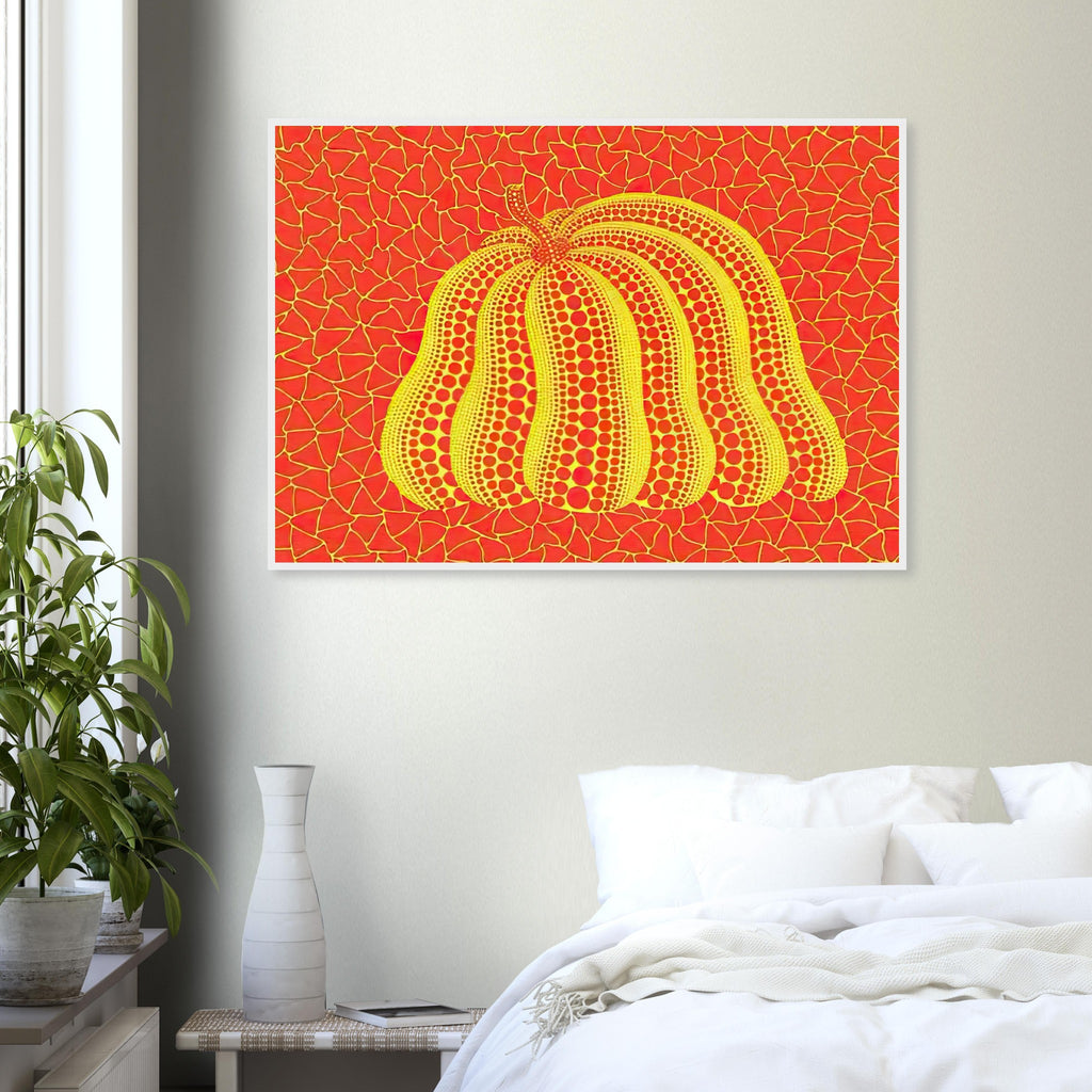 Yayoi Kusama framed print — Pumpkin (YOR-A) [Kusama 326] revisits Kusama’s best-known vegetable through the relationship between its distinctive form and repeating ornament