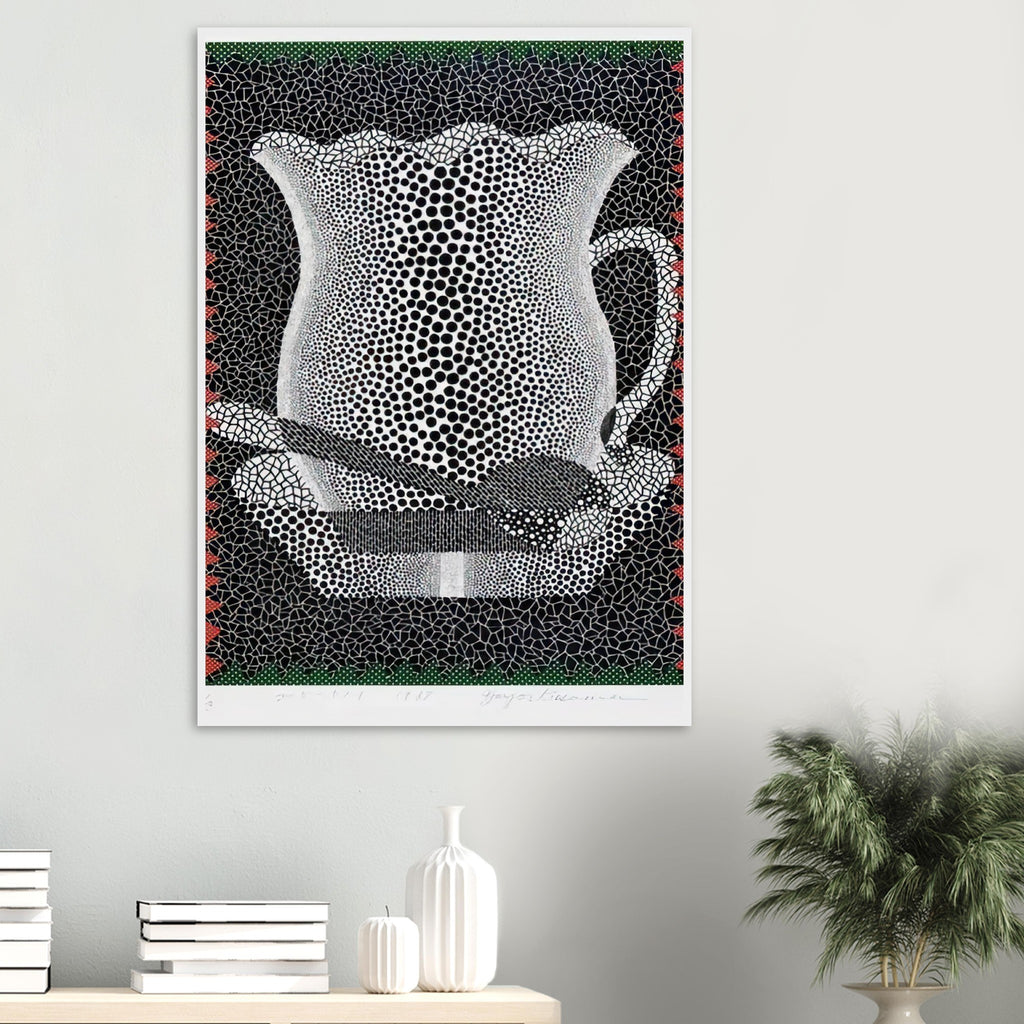 Yayoi Kusama framed print — In this monochrome Coffee Cup version, a humble drinking vessel becomes an arresting graphic subject