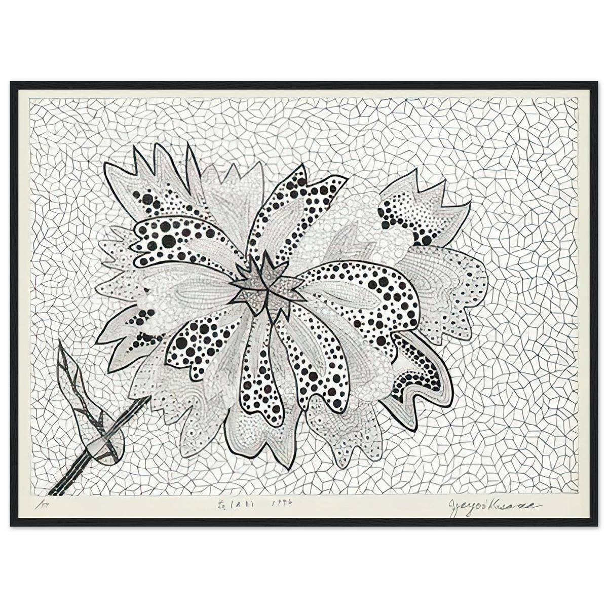 Yayoi Kusama framed print — Flower (A–B) places two designated botanical variations together in a single listing, black frame, 60x80 cm / 24x32″
