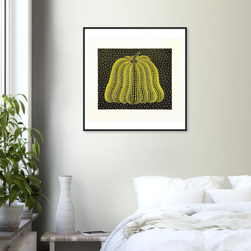 Yayoi Kusama framed print — Pumpkin MY sits alongside Pumpkin MT in Kusama’s printmaking but remains its own image