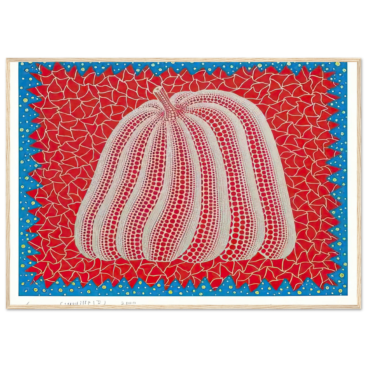 Yayoi Kusama framed print — Citrouille II from Amour pour Toujours gives Kusama’s beloved pumpkin a celebratory role within a portfolio devoted to love, wood frame, 70x100 cm / 28x40″