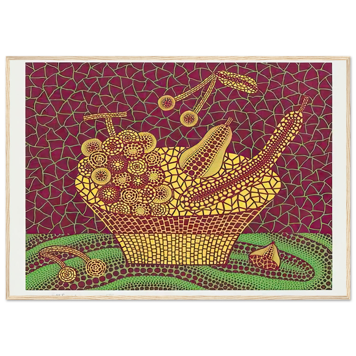Yayoi Kusama framed print — Fruit Basket (3) by Yayoi Kusama explores one of the artist’s recurring subjects: the abundance of ordinary fruit, wood frame, 70x100 cm / 28x40″