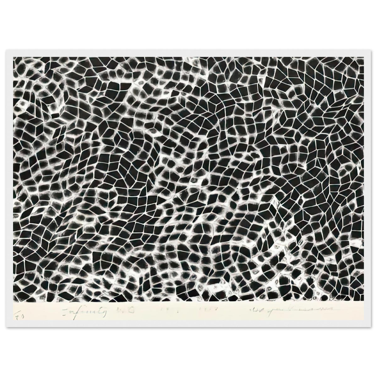 Yayoi Kusama framed print — Infinity Nets (Image 4) explores Kusama’s Infinity Net as a field built from countless repeated marks, white frame, 45x60 cm / 18x24″