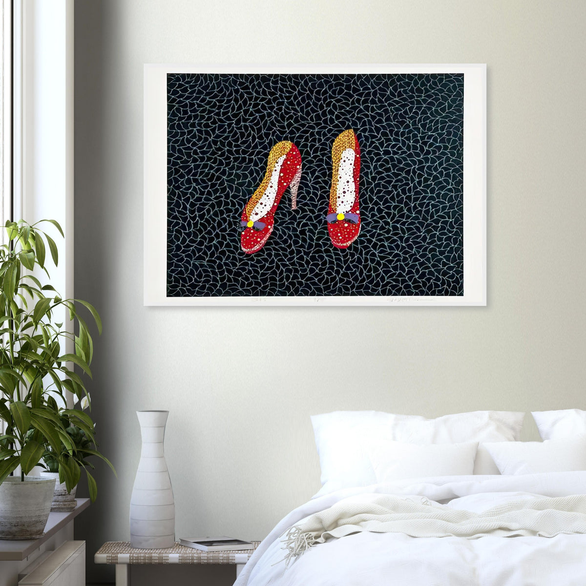 Yayoi Kusama framed print — Shoes (2) turns a footwear object into an image about shape, balance and individuality
