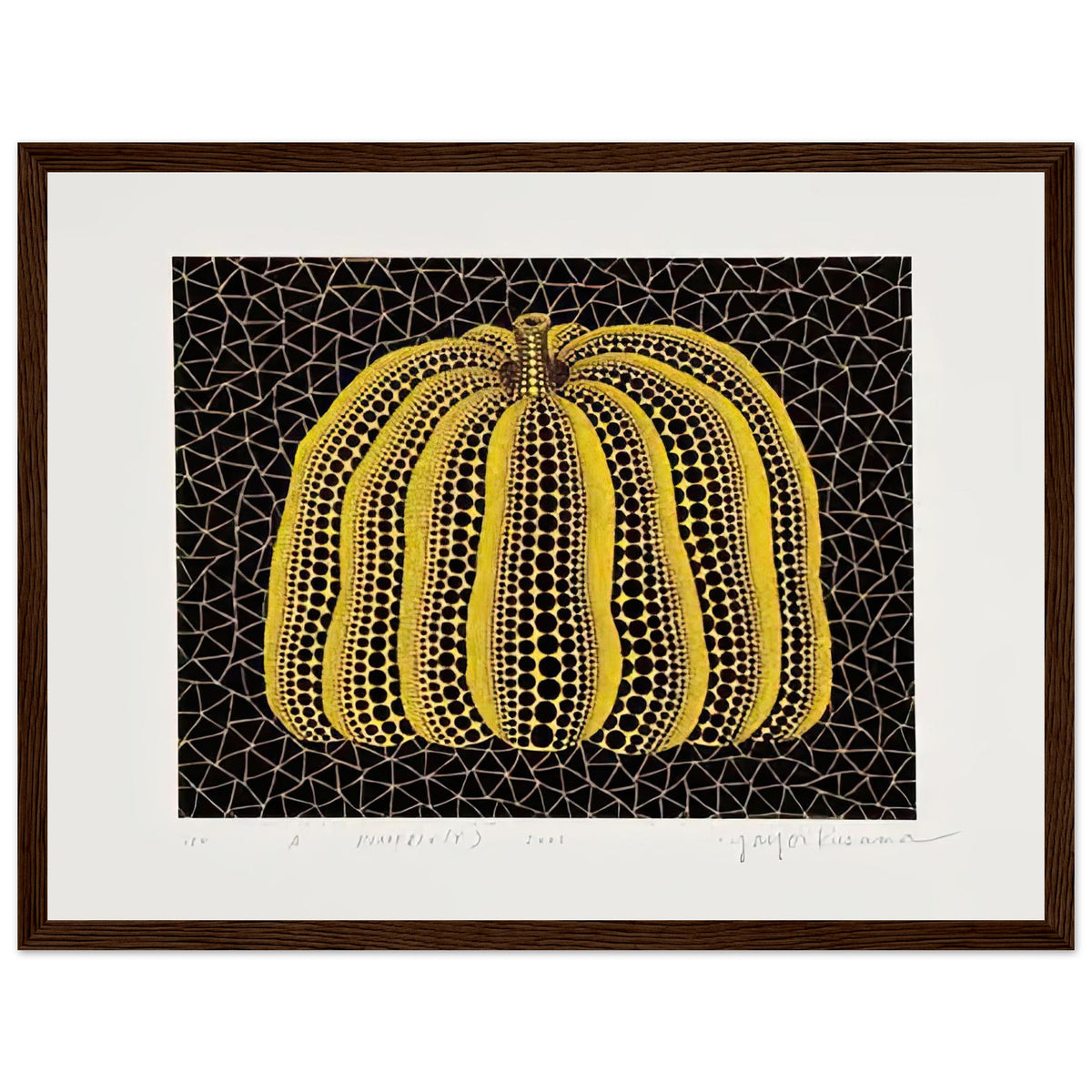 Yayoi Kusama framed print — Pumpkin (Y) is one precisely named variation on Yayoi Kusama’s iconic pumpkin theme, dark wood frame, 30x40 cm / 12x16″
