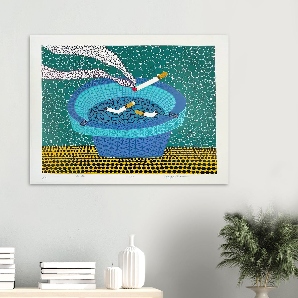 Yayoi Kusama poster — Ashtray (2) returns to the everyday smoking accessory but distinguishes this image as a second listed treatment of the motif