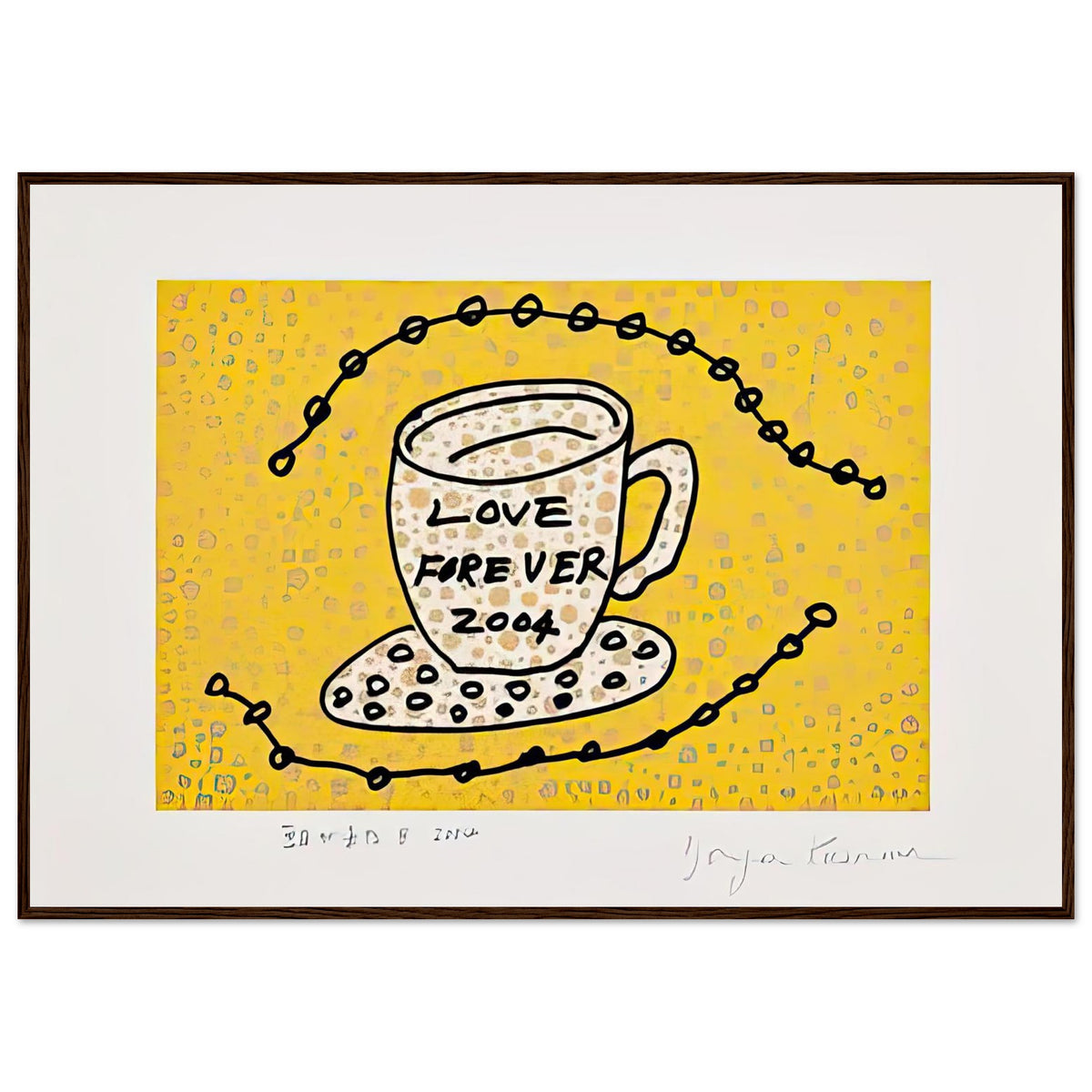 Yayoi Kusama framed print — Morning Is Here (B) joins a series of compact 2004 prints in which the beginning of the day becomes a subject for personal symbols and tightly controlled graphic, dark wood frame, 70x100 cm / 28x40″