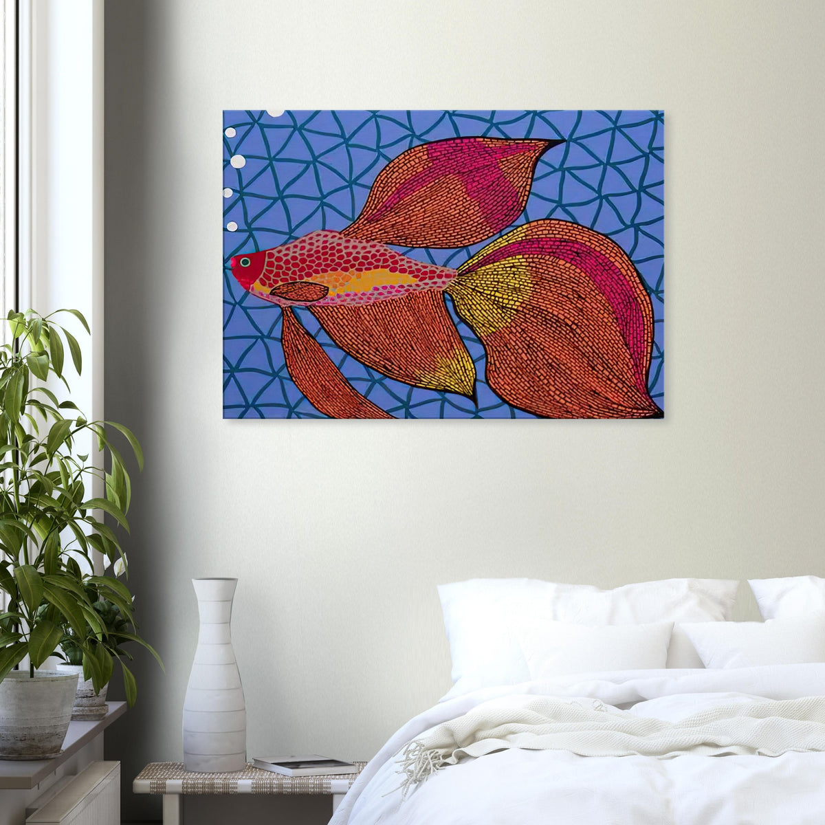 Yayoi Kusama canvas print — Goldfish shifts Kusama’s attention from land-based motifs to an aquatic creature whose graceful outline invites a playful graphic treatment