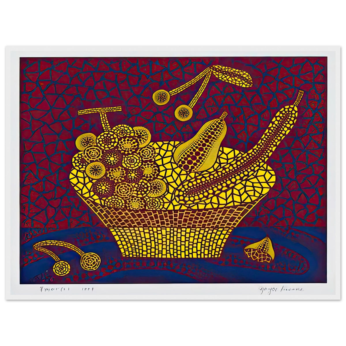 Yayoi Kusama framed print — Fruit Basket (2) by Yayoi Kusama explores one of the artist’s recurring subjects: the abundance of ordinary fruit, white frame, 60x80 cm / 24x32″