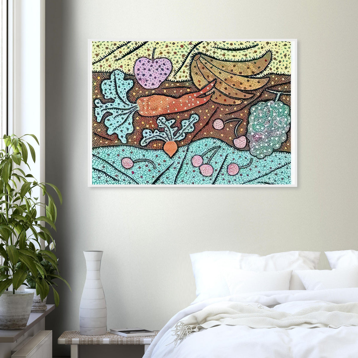 Yayoi Kusama framed print of Standing in the Visionary Field — standing in the Visionary Field belongs to Kusama’s important early printmaking period and combines an imaginative landscape with the visual idea of proliferation
