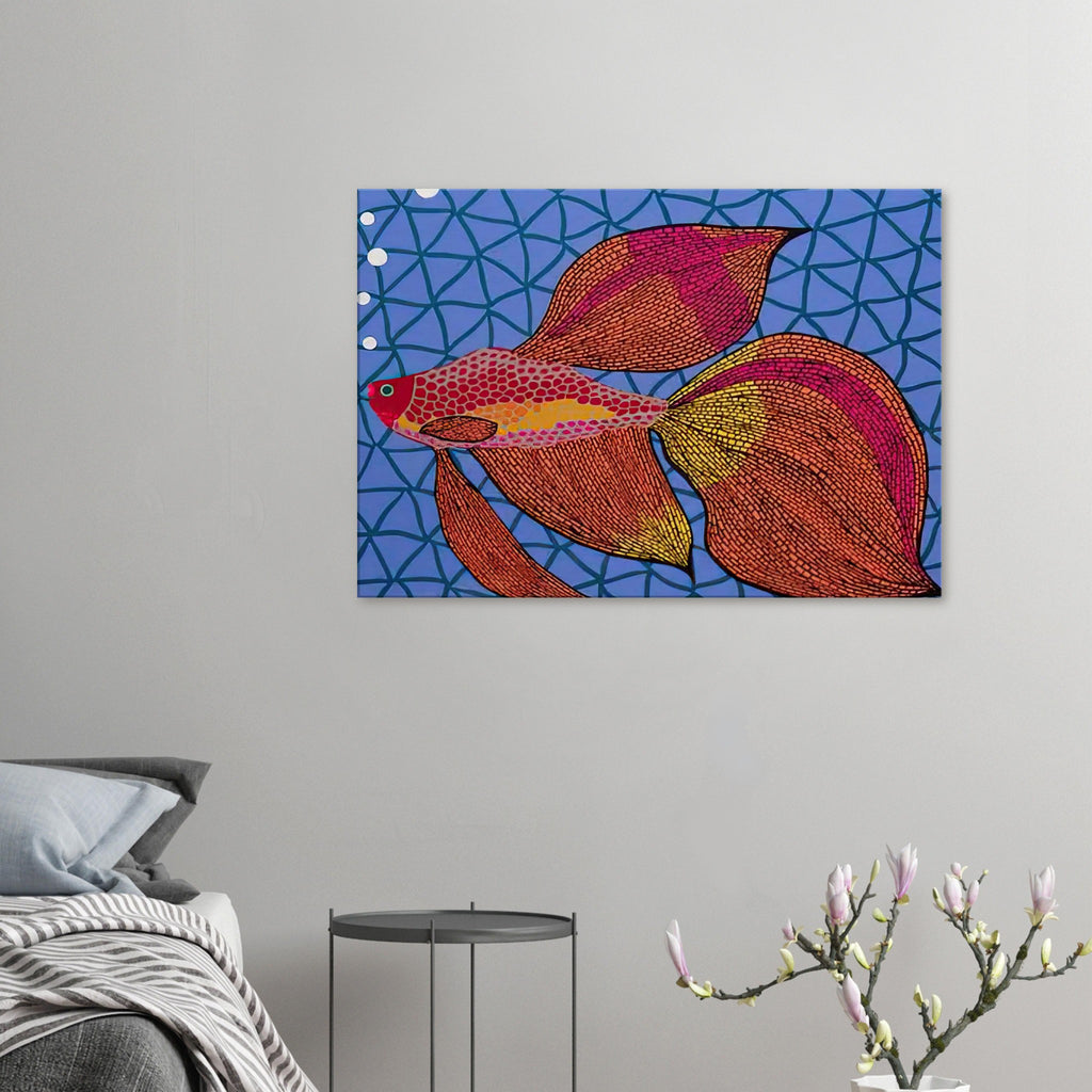 Yayoi Kusama canvas print — Goldfish shifts Kusama’s attention from land-based motifs to an aquatic creature whose graceful outline invites a playful graphic treatment