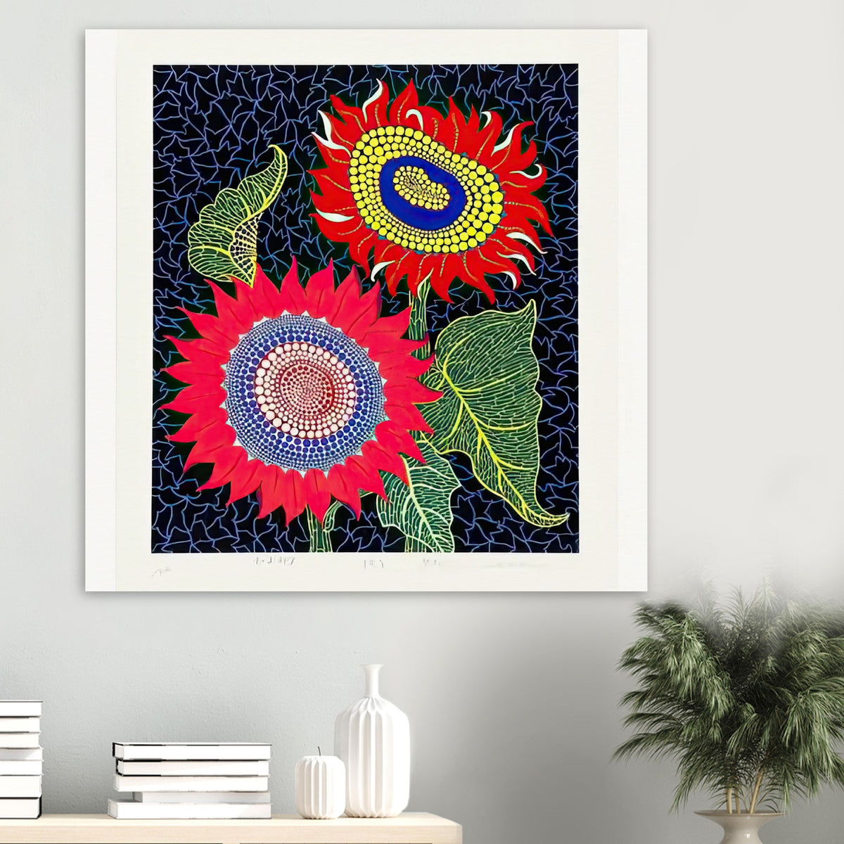 Yayoi Kusama poster — Sunflowers poster by Yayoi Kusama explores sunflowers transformed into a decorative and expressive floral motif