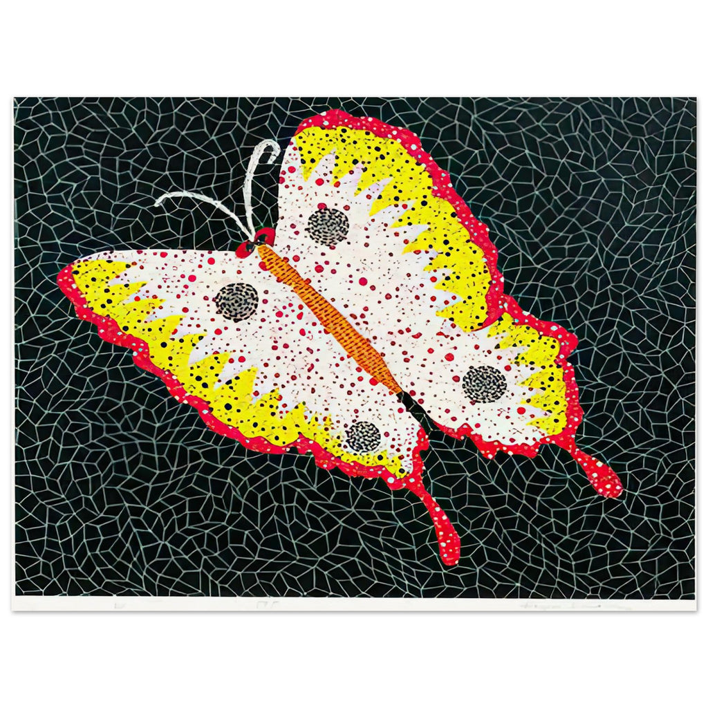 Yayoi Kusama poster — Butterfly [Kusama 81] by Yayoi Kusama takes the lightness of a butterfly and gives it graphic intensity through pattern, 15x20 cm / 6x8″