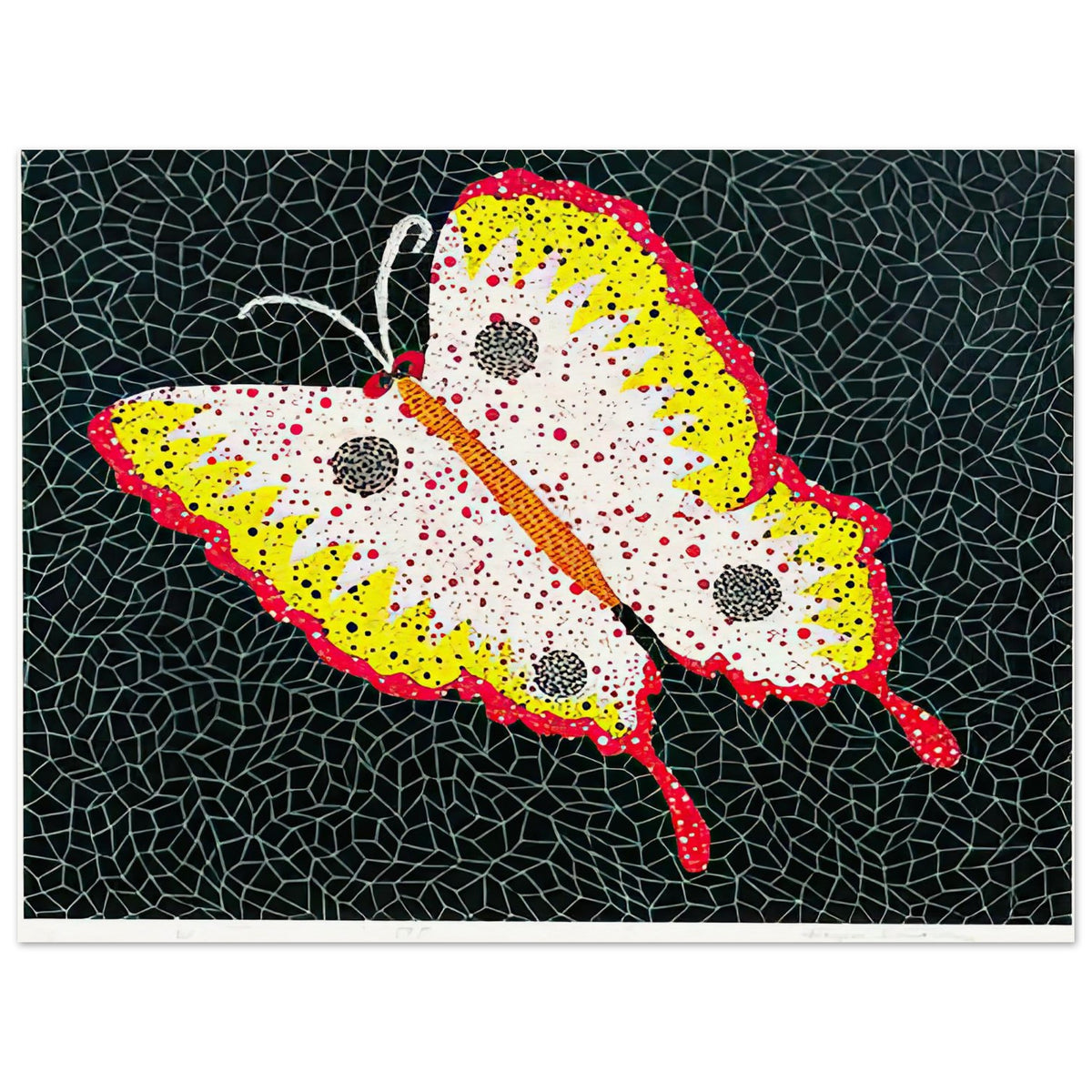 Yayoi Kusama poster — Butterfly [Kusama 81] by Yayoi Kusama takes the lightness of a butterfly and gives it graphic intensity through pattern, 15x20 cm / 6x8″