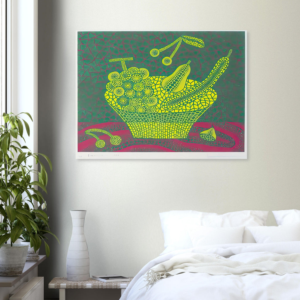 Yayoi Kusama poster — Fruit Basket (4) by Yayoi Kusama explores one of the artist’s recurring subjects: the abundance of ordinary fruit