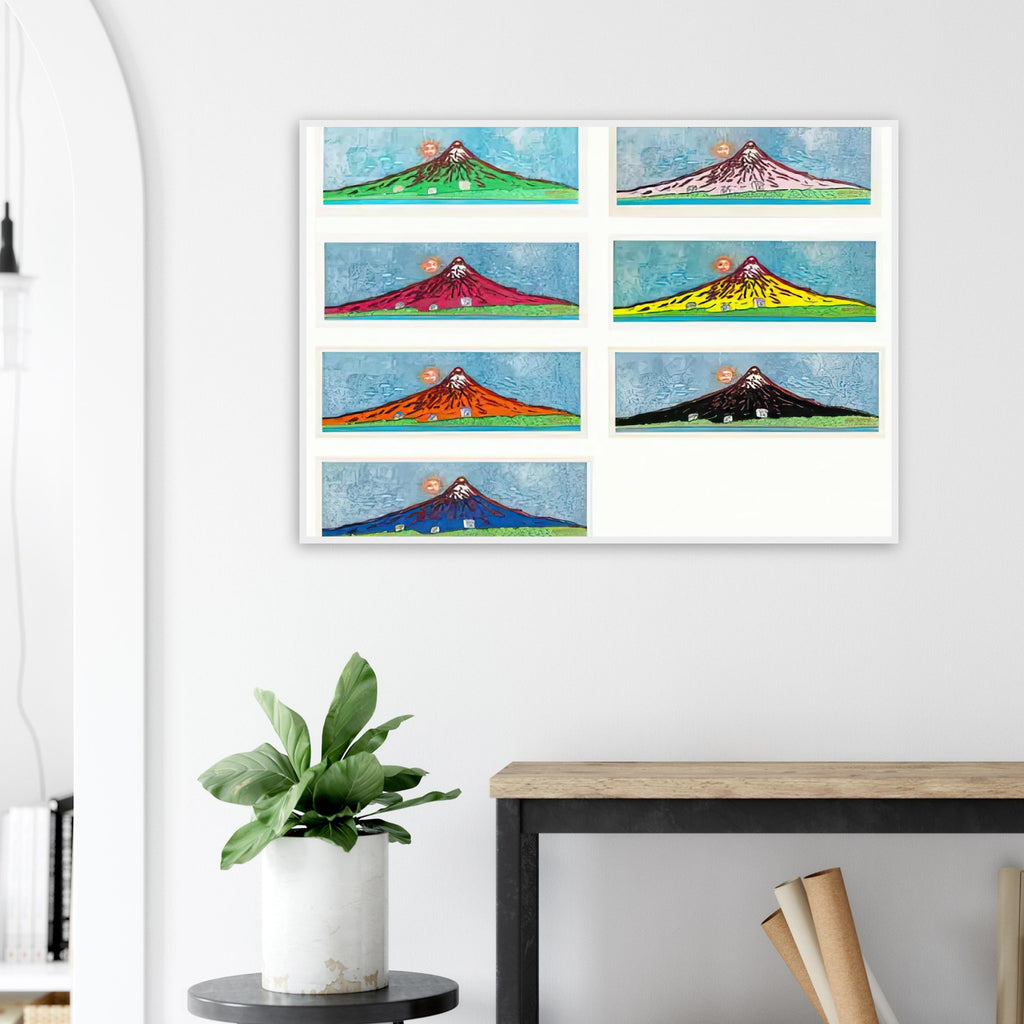 Yayoi Kusama framed print — Mt. Fuji in Seven Colours (Complete Set) brings together seven distinct interpretations of Japan’s famous mountain. Rather than repeating a single landscape, Kusama