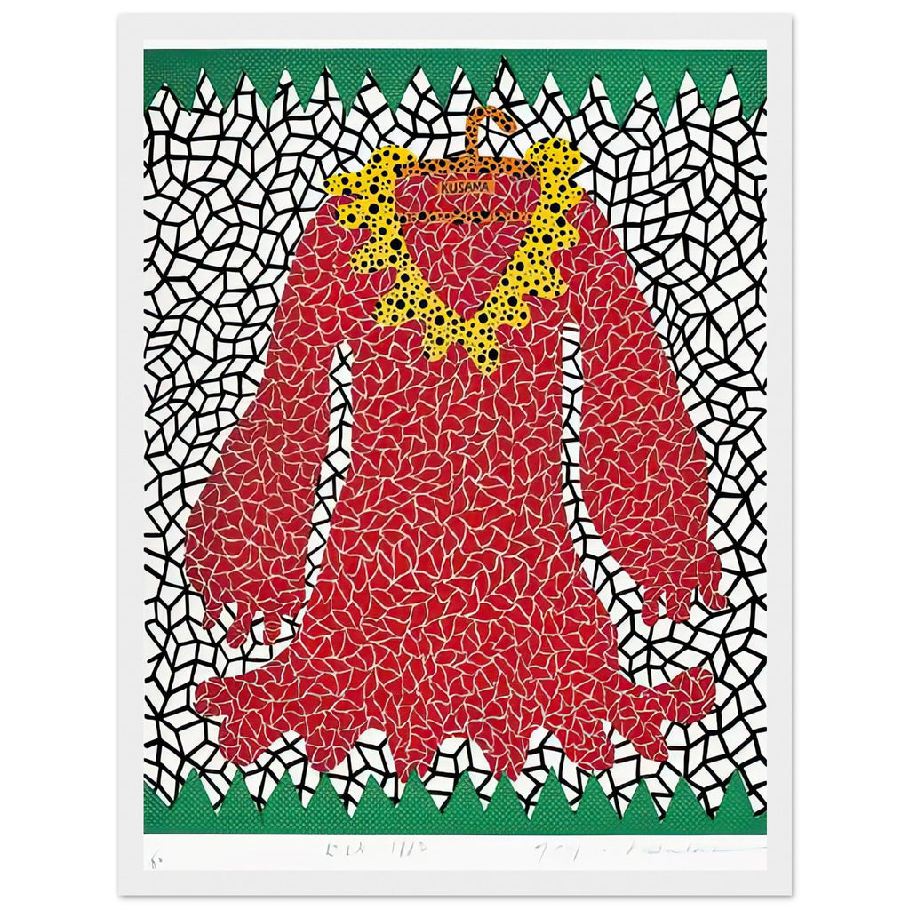 Yayoi Kusama framed print — This second numbered Dress design returns to the garment as a graphic form, shifting attention from who might wear it to the design’s shape and surface, white frame, 30x40 cm / 12x16″