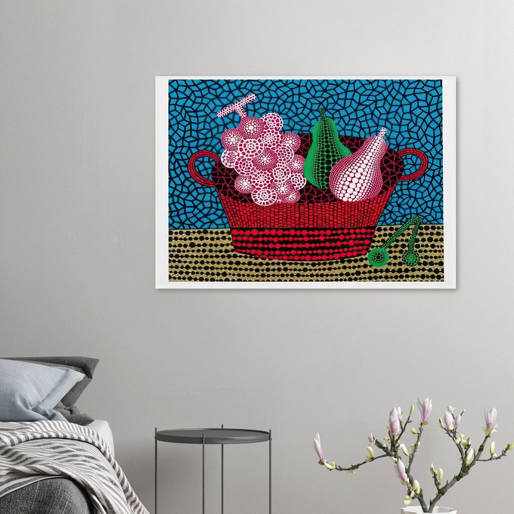 Yayoi Kusama framed print — Panier de Fruits II from Amour pour Toujours turns a basket of fruit into a lively decorative still life