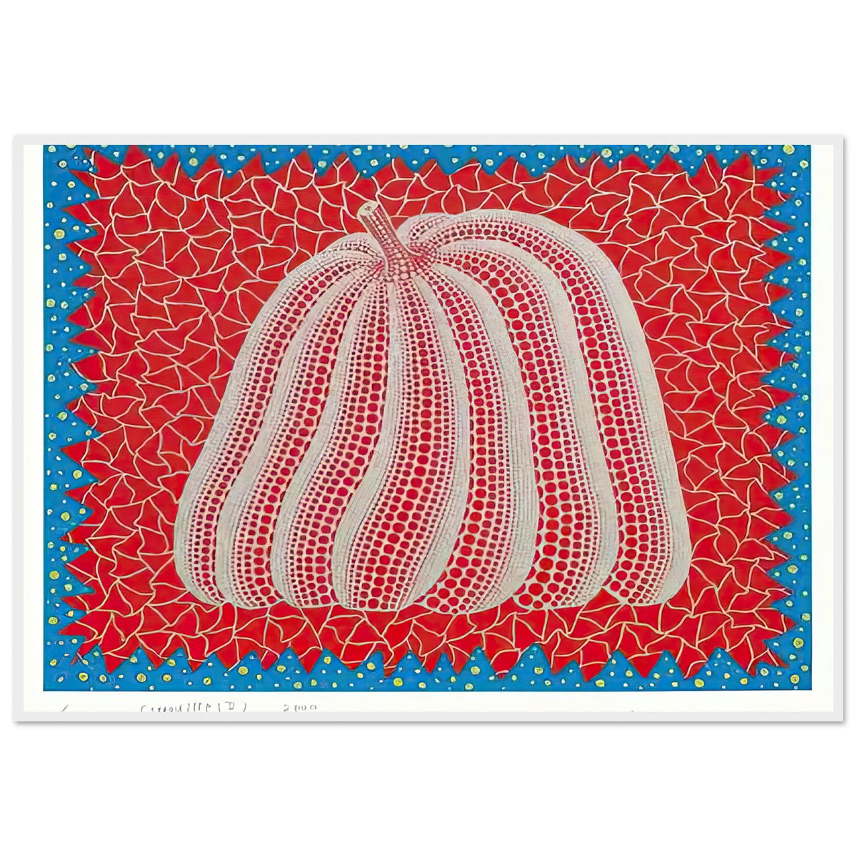 Yayoi Kusama framed print — Citrouille II from Amour pour Toujours gives Kusama’s beloved pumpkin a celebratory role within a portfolio devoted to love, white frame, 70x100 cm / 28x40″