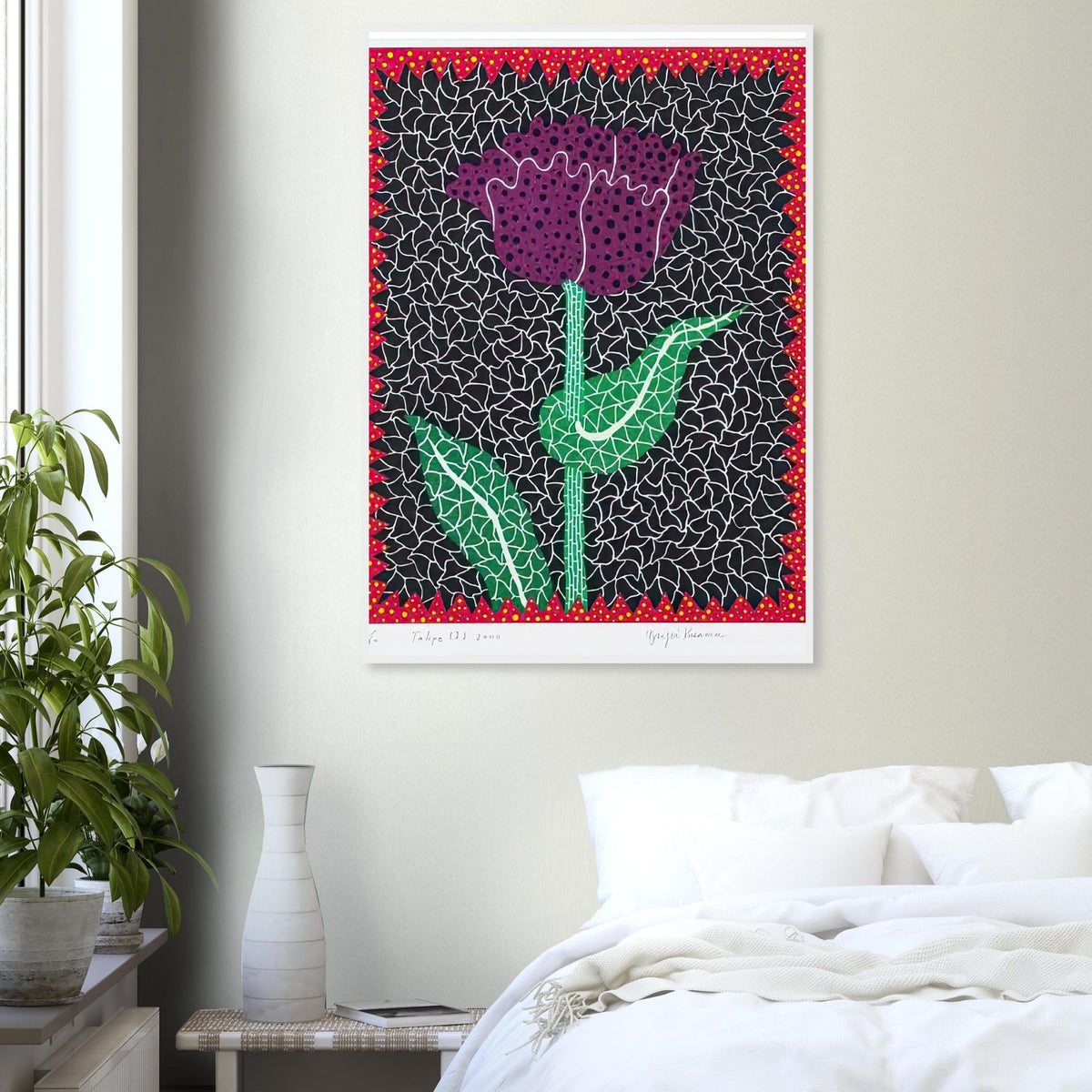 Yayoi Kusama framed print — A tulip becomes the center of an exuberant botanical design in this work from Amour Pour Toujours