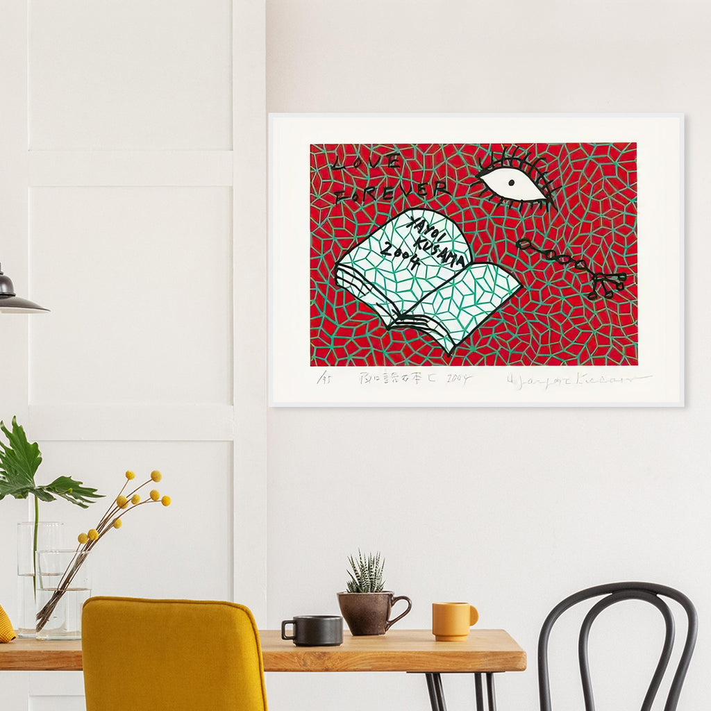 Yayoi Kusama framed print — Book to Read at Night C places an illustrated book at the center of a strange, poetic visual world