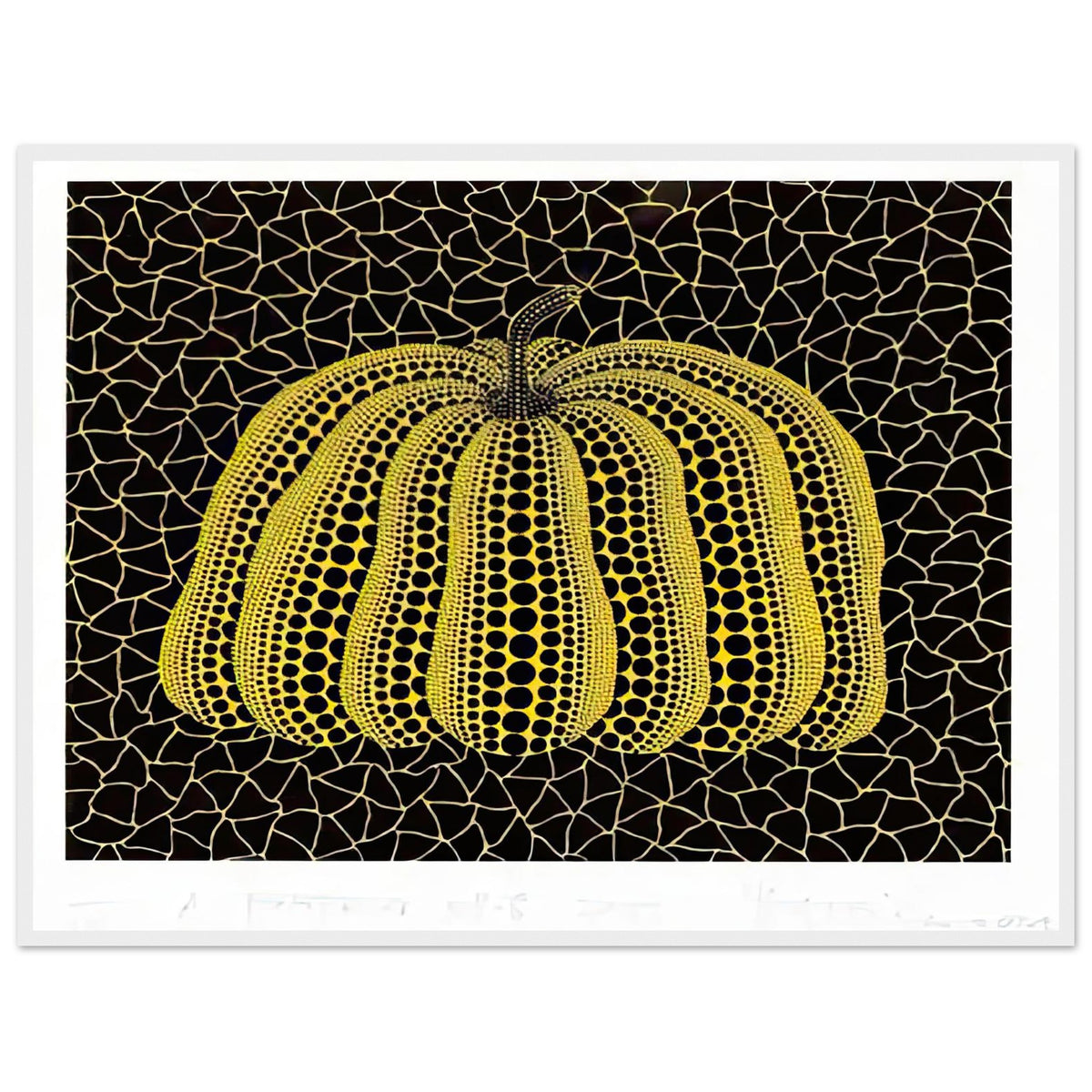Yayoi Kusama framed print — Pumpkin (YB-B) [Kusama 327] revisits Kusama’s best-known vegetable through the relationship between its distinctive form and repeating ornament, white frame, 60x80 cm / 24x32″