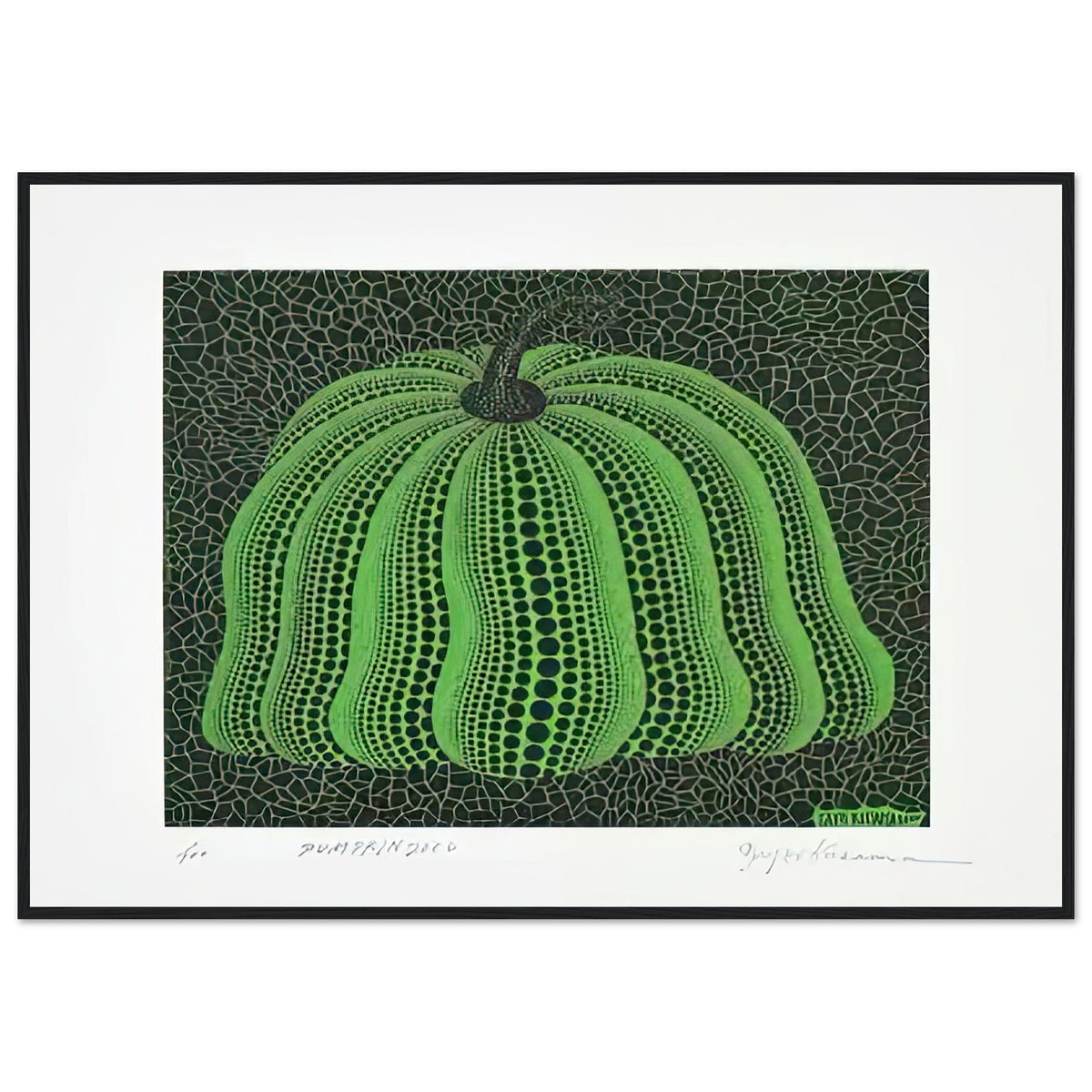 Yayoi Kusama framed print — Pumpkin 2000 (Green) uses a green treatment to reinterpret one of Kusama’s most affectionate subjects, black frame, 70x100 cm / 28x40″