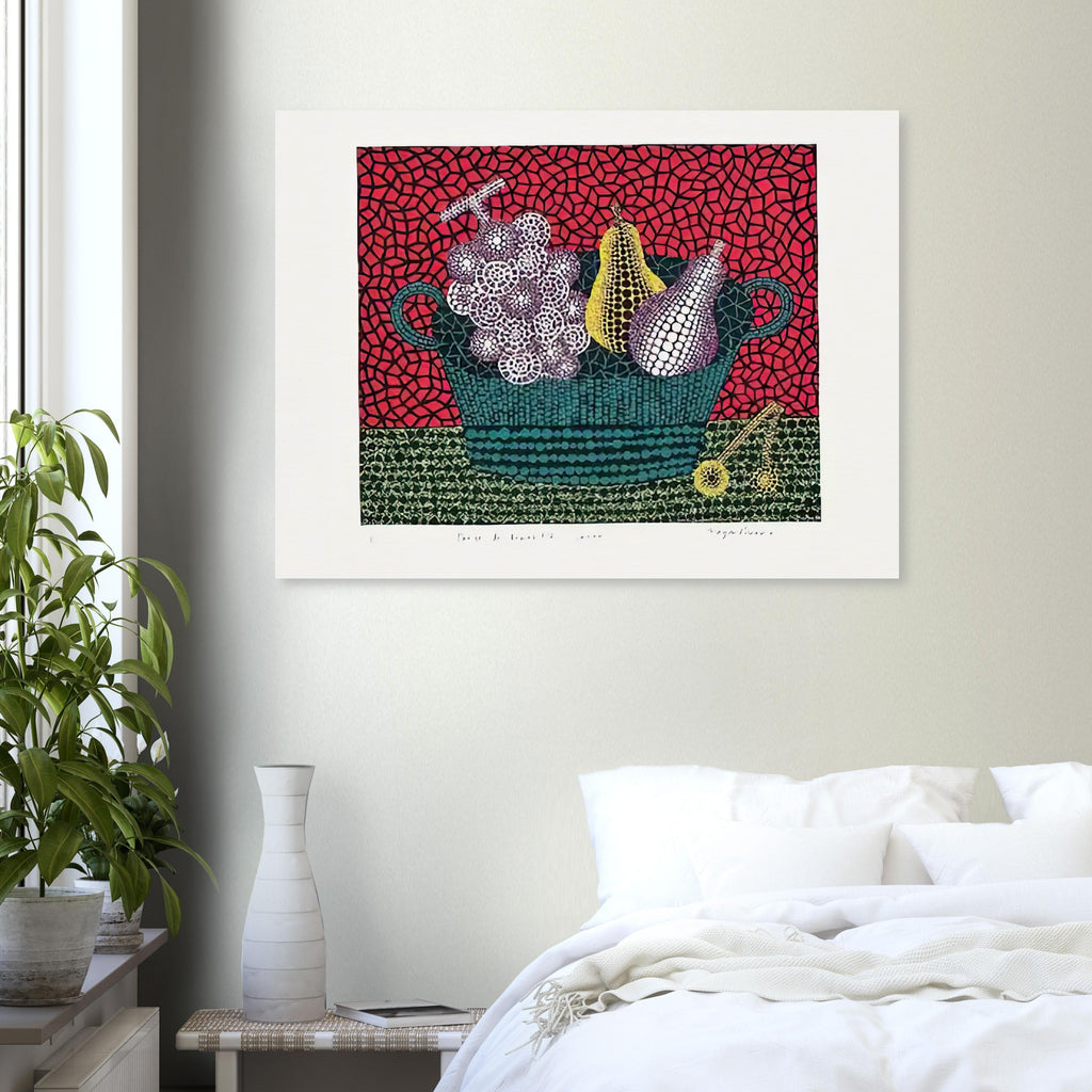 Yayoi Kusama poster — Panier de Fruits I from Amour pour Toujours turns a basket of fruit into a lively decorative still life
